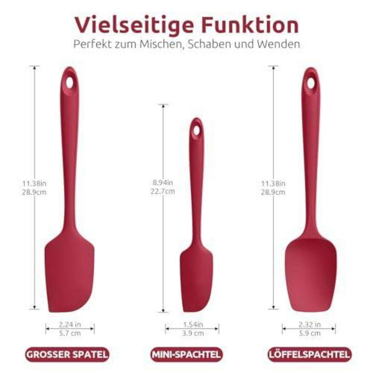 Vergleichsgrafik von drei roten Küchenspachteln mit den Bezeichnungen „Großer Spatel
