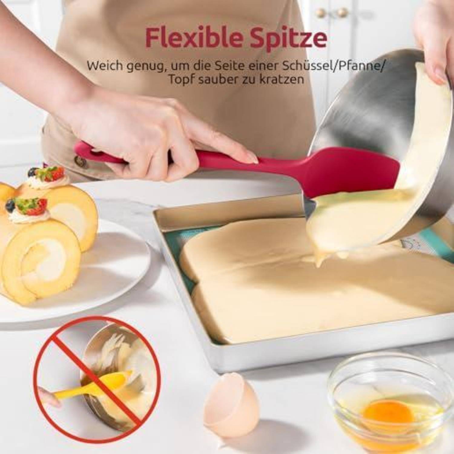 Person, die einen flexiblen roten Spatel verwendet, um Teig aus einer Schüssel in eine Backform zu kratzen; Deutscher Text sagt, dass er Schüsseln und Töpfe gründlich reinigt, mit einem Symbol für kratzerfreies Material.