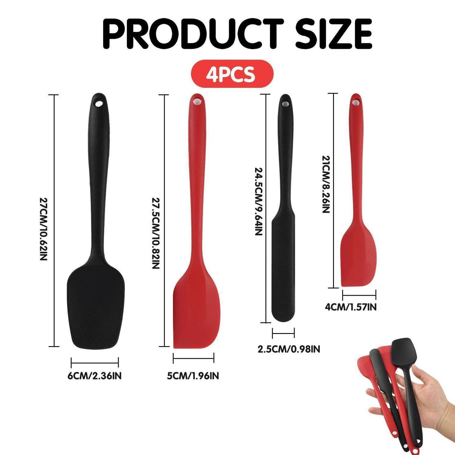 Produktgrößentabelle mit 4 Spachteln, schwarz und rot, mit Längen von 21 bis 27 cm und Breiten von 2,5 bis 6 cm, plus eine Hand, die das kleinste Set hält.