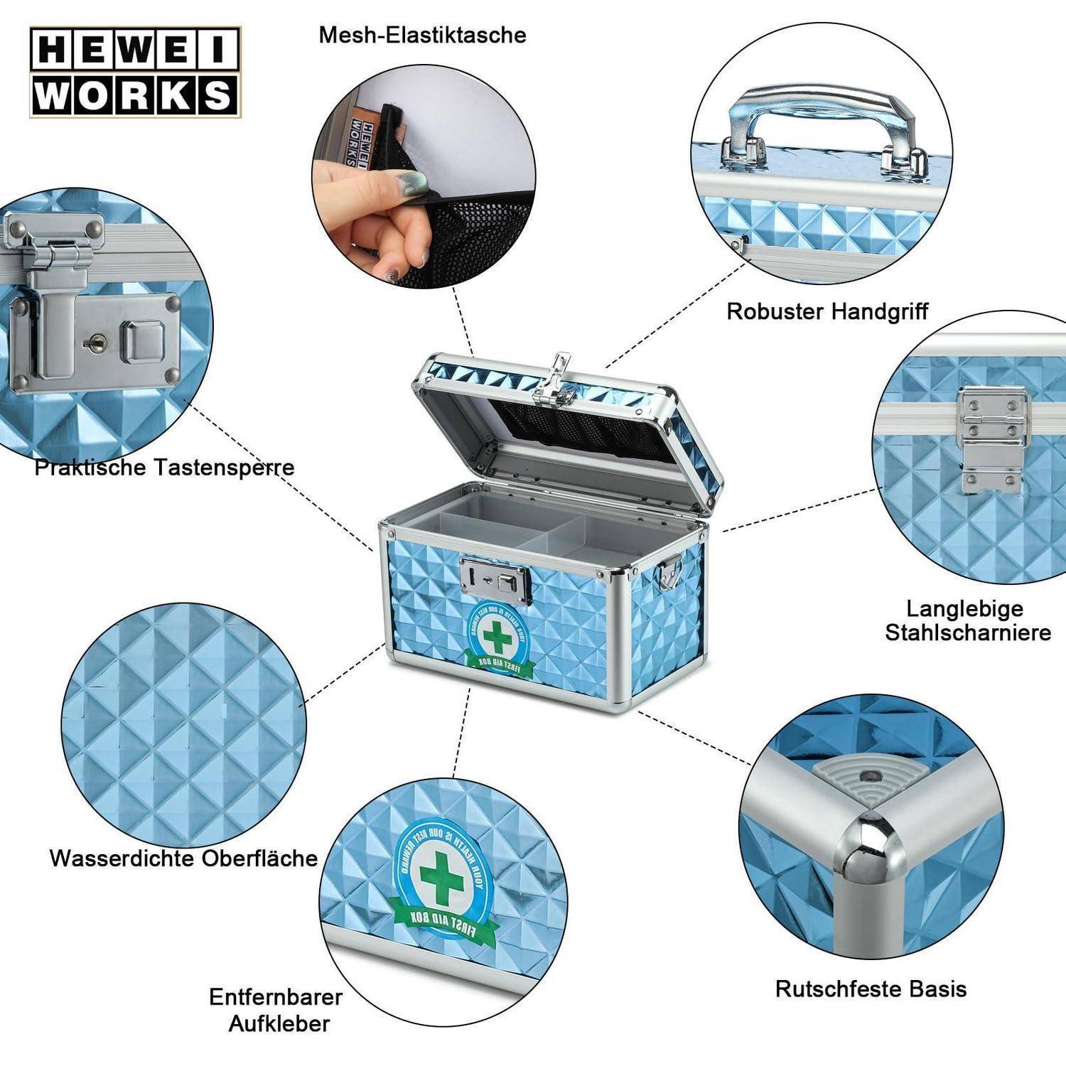 Infografik eines blauen HEWEI WORKS Aufbewahrungskoffers mit Beschriftungen, die elastische Mesh-Taschen, robuster Griff, Schlüsselschloss, wasserdichte Oberfläche, abnehmbarer Aufkleber, Stahlscharniere und rutschfeste Basis hervorheben.