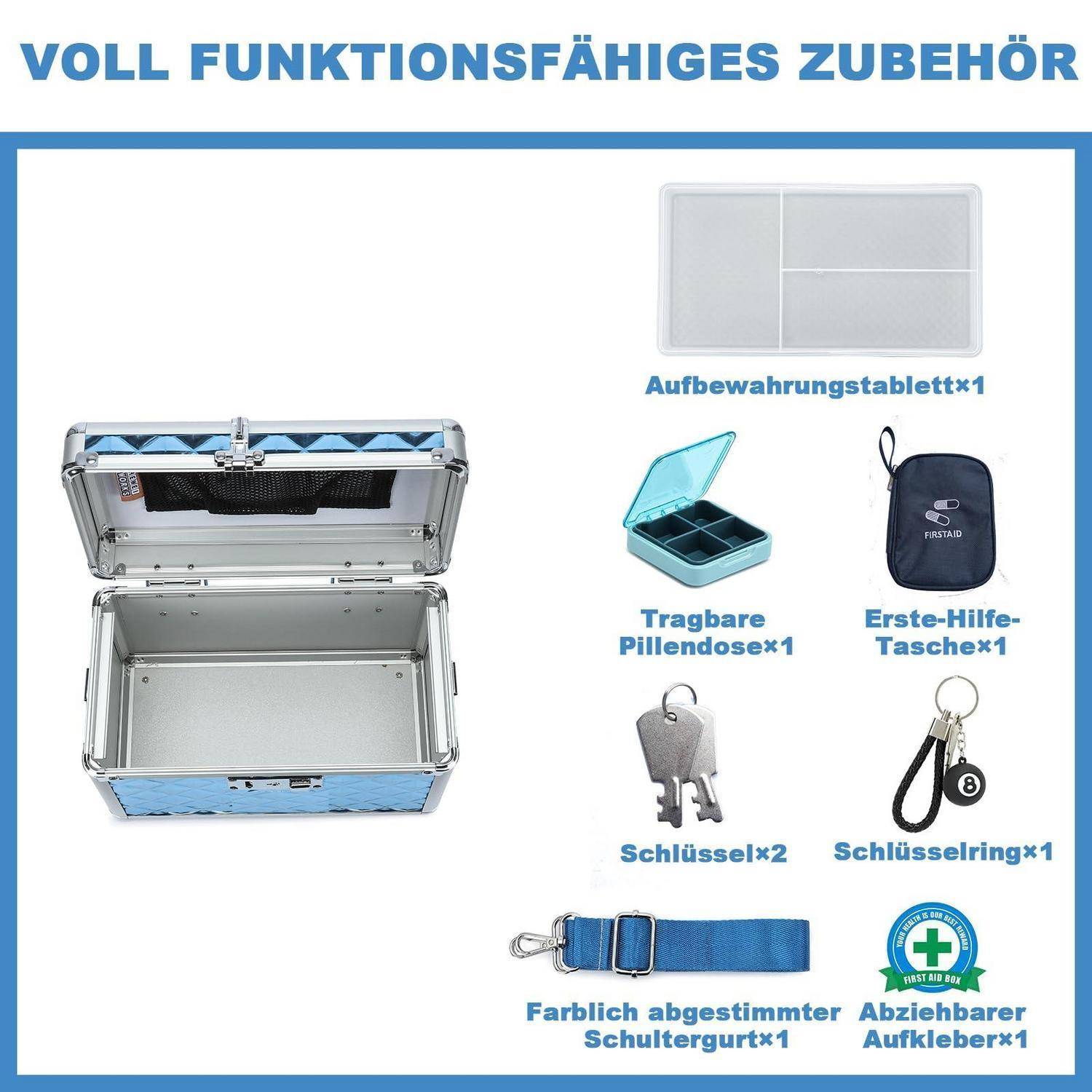 Zubehörinhalte für einen blauen Koffer: Aufbewahrungsfach, Pillendose, Erste-Hilfe-Beutel, 2 Schlüssel, Schlüsselring, Schultergurt und abnehmbarer Aufkleber.