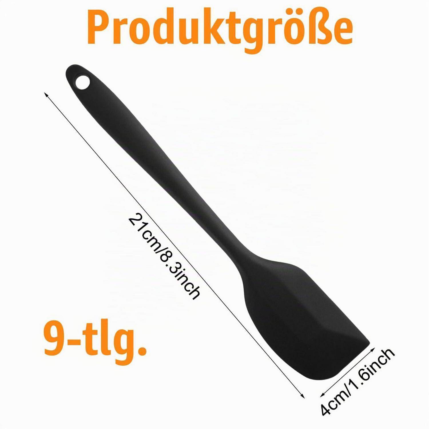 Abbildung einer schwarzen Silikonspachtel mit der Bezeichnung 'Produktgröße' mit den Abmessungen 21 cm x 4 cm und '9-tlg.' zeigt ein 9-teiliges Set.