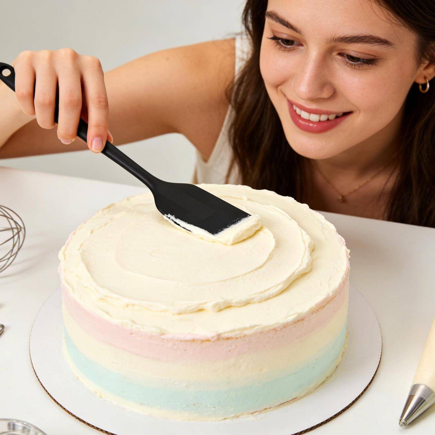 Lächelnde Frau verteilt weiße Glasur auf einem pastellfarbigen Schichtenkuchen mit einem Spachtel.