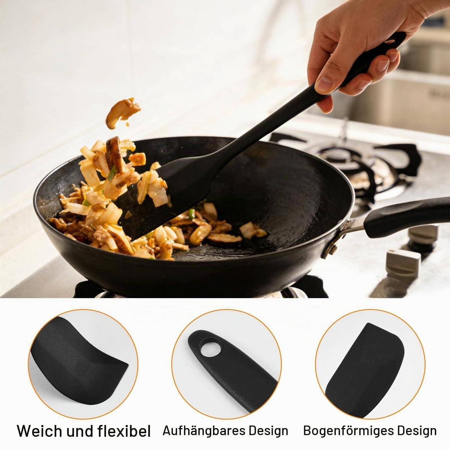 Hand mit einem schwarzen, flexiblen Wok-Spatel zum Umrühren von Lebensmitteln in einer Pfanne; darunter drei Nahaufnahmen, die sein weiches, baumelndes Loch, gekrümmtes Design mit deutschen Beschriftungen hervorheben.