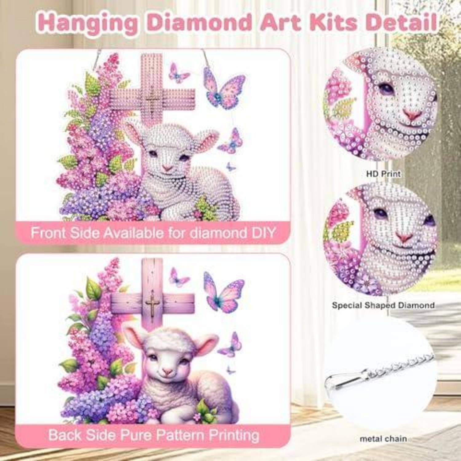 Anzeige für Diamantmalerei-Set zum Aufhängen mit Lamm, Blumen und Schmetterlingen; Vorderseite zum Selbermachen, Rückseite mit gedrucktem Muster, mit HD-Druck und Metallketten-Detail.