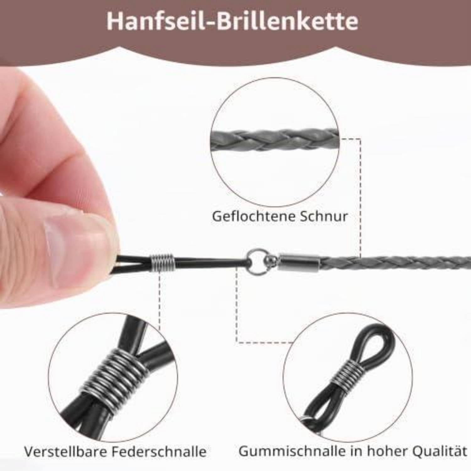 Diagramm, das eine "Hanfseil-Brillenkette"" mit geflochtenem Seil, verstellbarem Federclip und Gummiendschleife zeigt; Beschriftungen heben jedes Teil hervor.