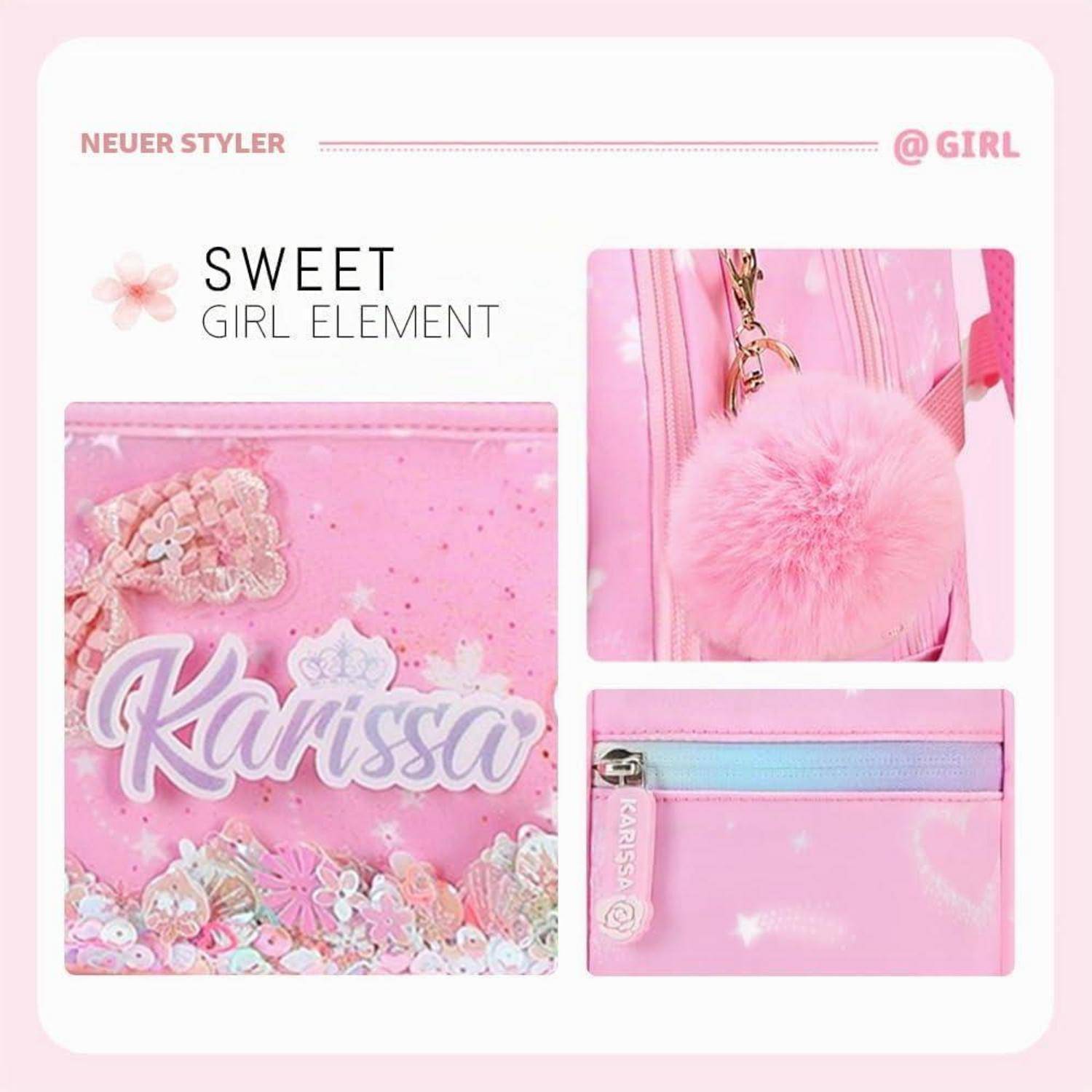 Rosa „Sweet Girl Element" Zubehörset mit einer Karissa Geldbörse, flauschigem Pompon-Anhänger und Reißverschlussbeutel mit pastellfarbenen Blumendetails.