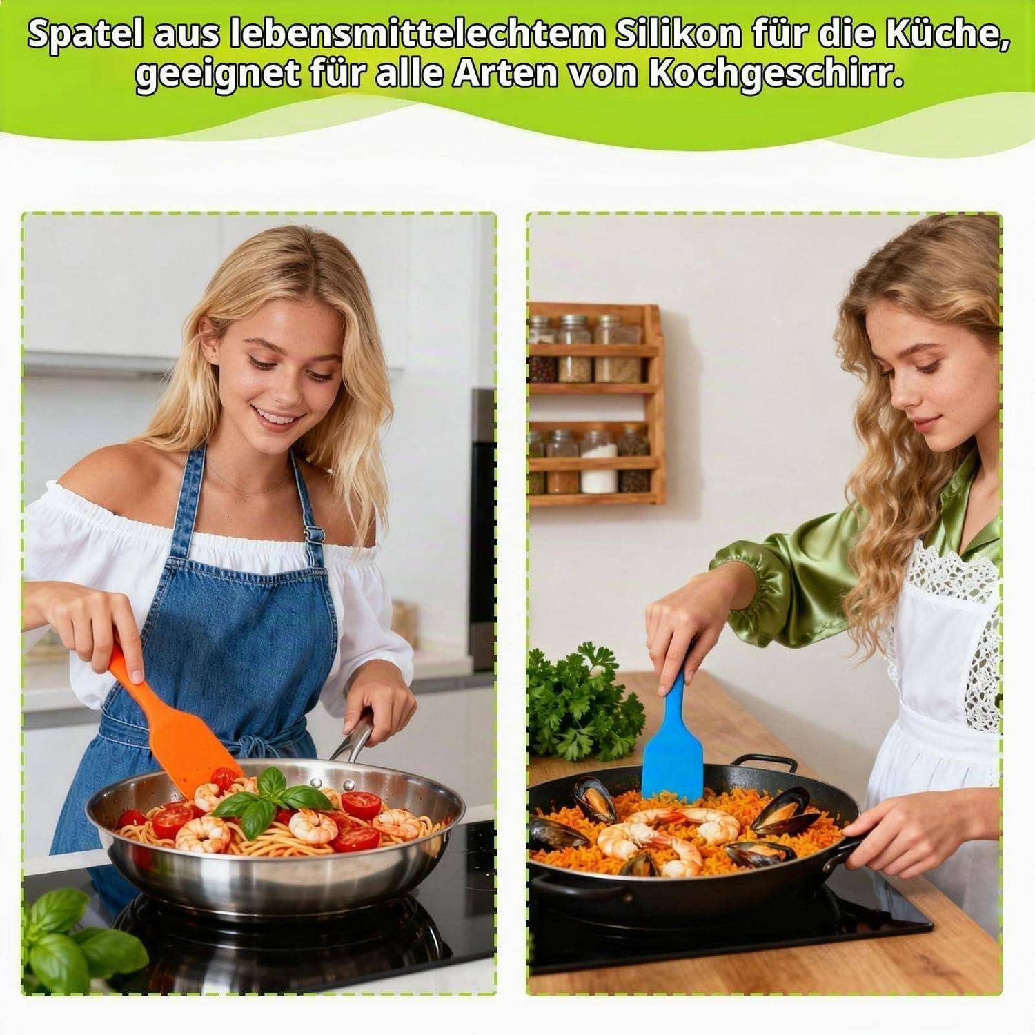 Werbebild, das zwei Frauen beim Kochen zeigt, die Silikonspatel in Pfannen verwenden; der Text besagt Lebensmittelsilikon-Spatel für die Küche, geeignet für alle Arten von Kochgeschirr.