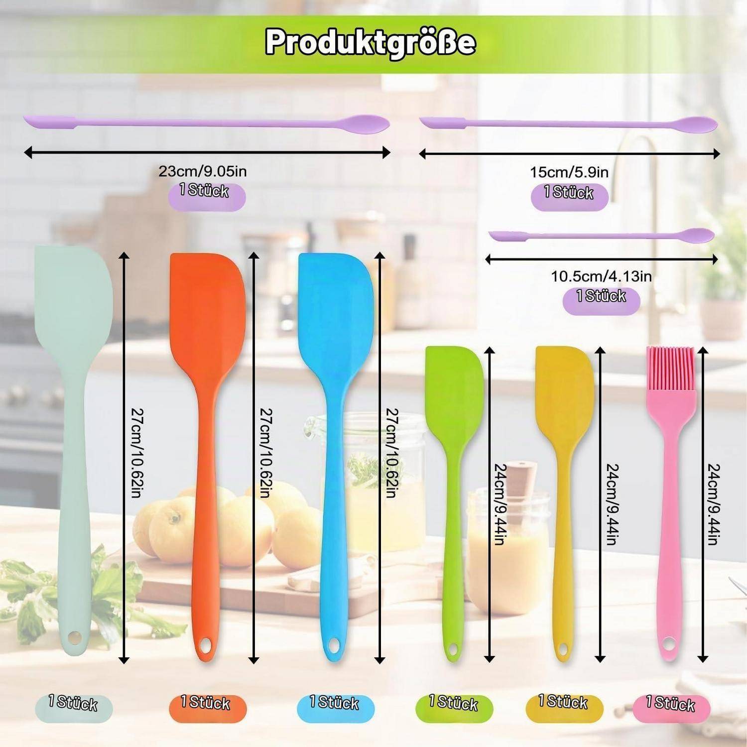 Produktgrößentabelle mit sechs Silikonküchengeräten/Spachteln mit gekennzeichneten Längen: 23 cm, 15 cm, 10,5 cm und 27 cm oder 24 cm für einzelne Artikel.