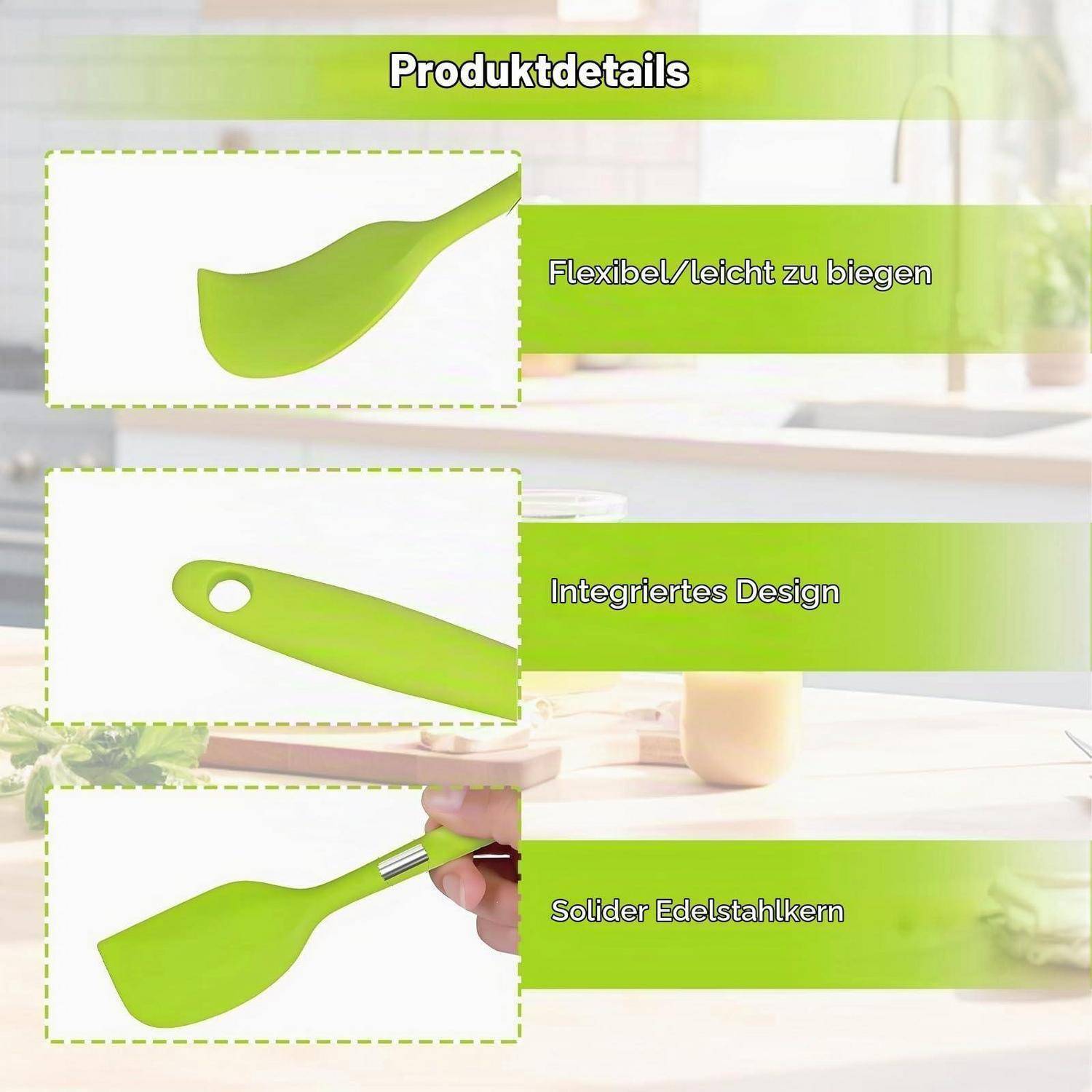 Deutsches Produktdetail-Grafik, die einen grünen Spatel zeigt: flexibel und leicht zu biegen, integriertes Design, mit einem soliden Edelstahlkern.