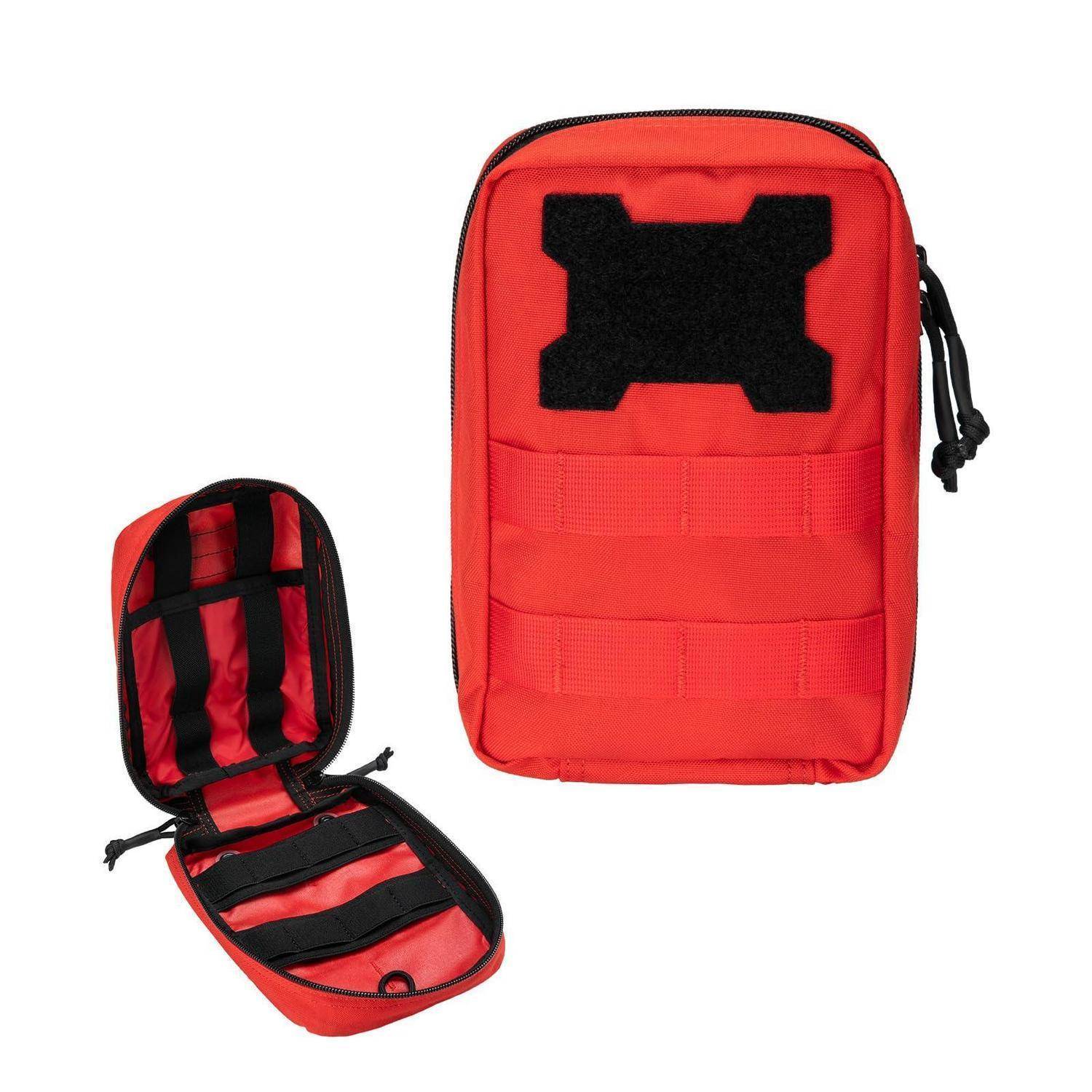 Rote taktische Tasche mit Klettverschluss-Patch-Panel, Webbing und Reißverschluss; offene Ansicht zeigt gepolstertes Inneres mit elastischen Riemen.