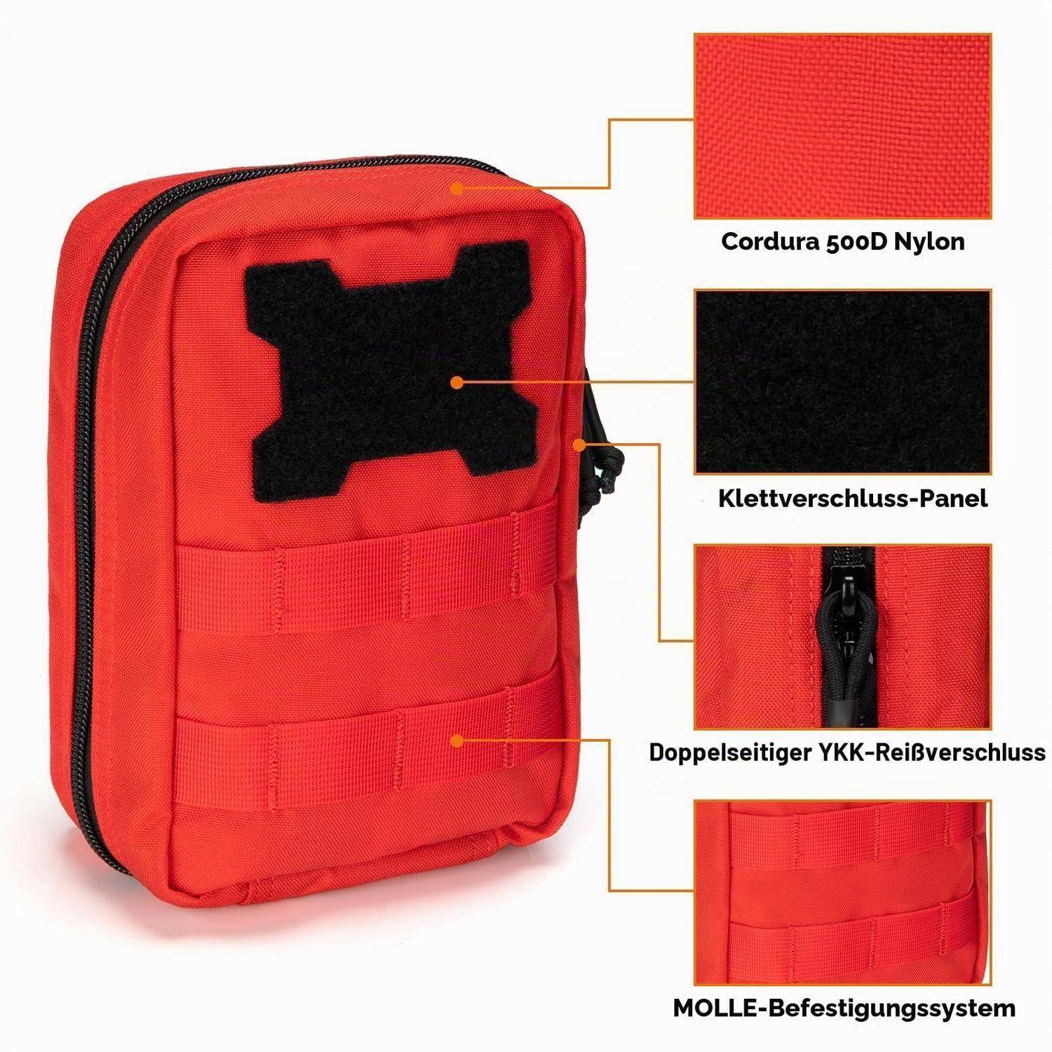 Rote taktische Tasche mit schwarzem Reißverschluss, Klettverschluss-Panel und MOLLE-Riemen; Beschriftungen kennzeichnen Cordura 500D Nylon, Klettverschluss-Panel und YKK Doppelreißverschluss.