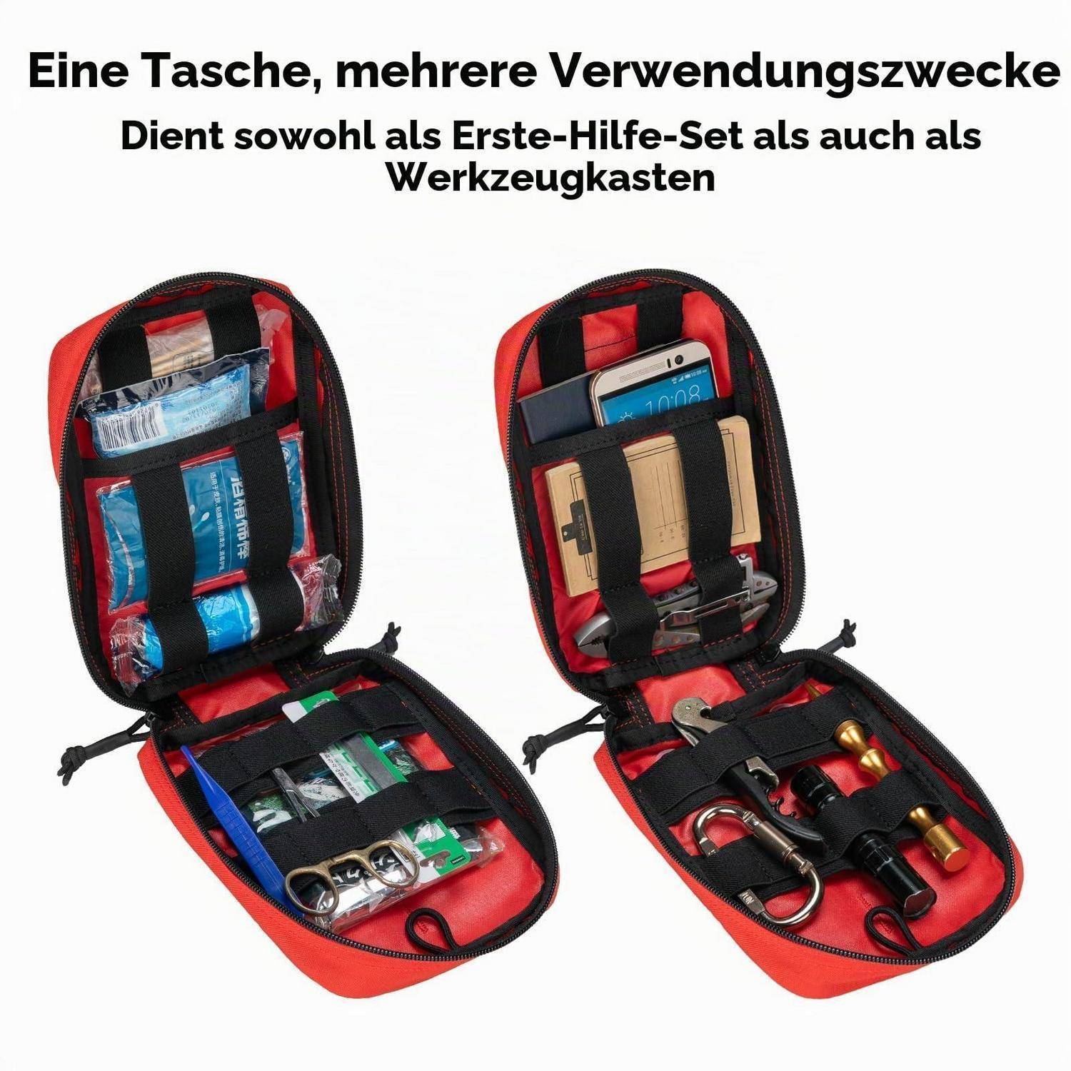 Produktbild eines roten Mehrtaschen-Reißverschlussbeutels, der als Erste-Hilfe-Kasten oder Werkzeugtasche verwendet wird, geöffnet mit medizinischen Materialien und Werkzeugen im Inneren.