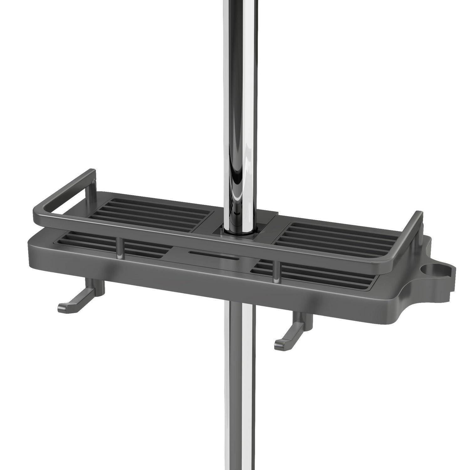 Dunkelgraues Duschablage-Regal zum Aufhängen an einer verchromten Vertikalstange, mit Tablettregal und kleinen Seitenhaken.