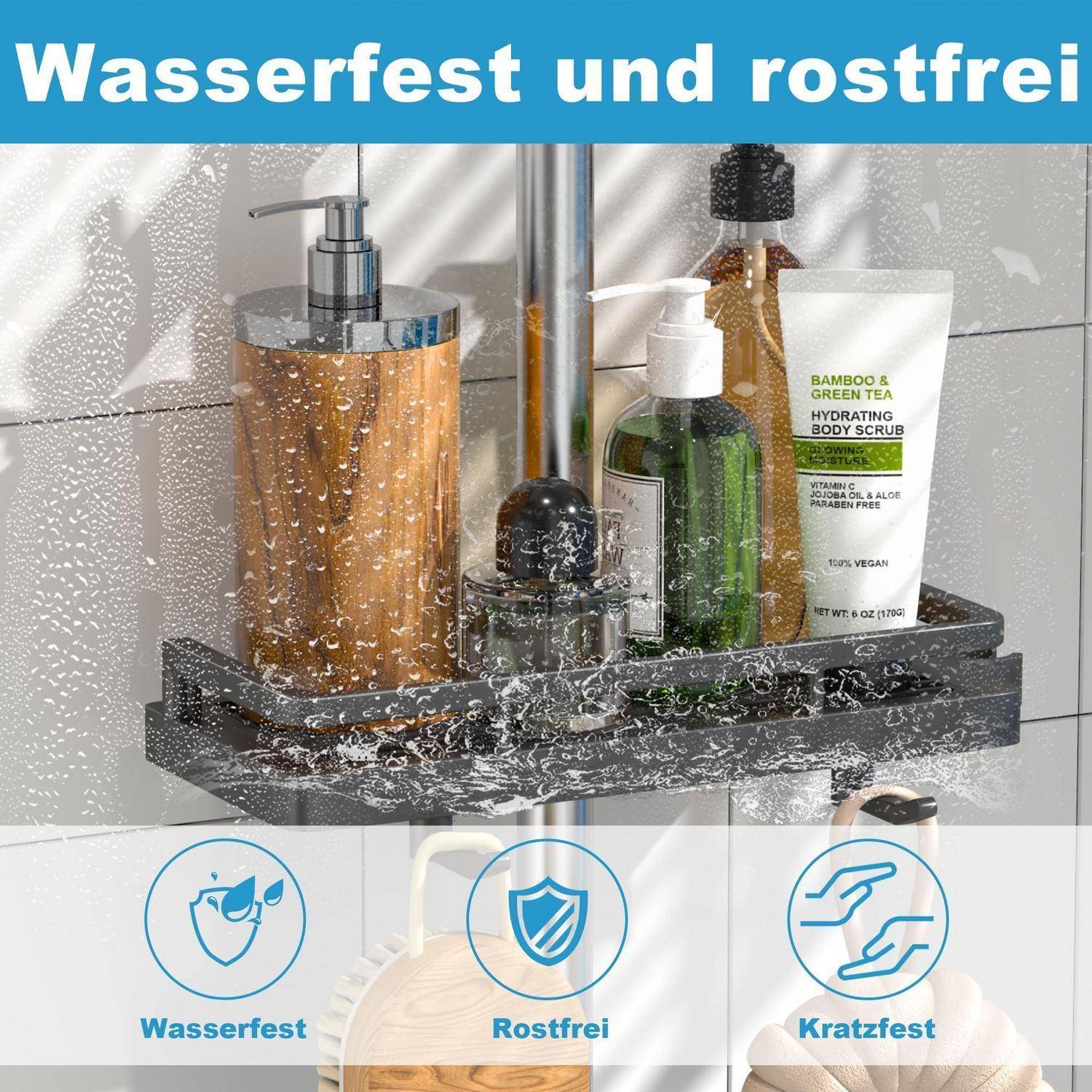 Badezimmerregal mit Shampoo- und Körperpeeling-Flaschen unter spritzendem Wasser, hervorgehoben als wasserdicht, rostfrei und kratzfest.