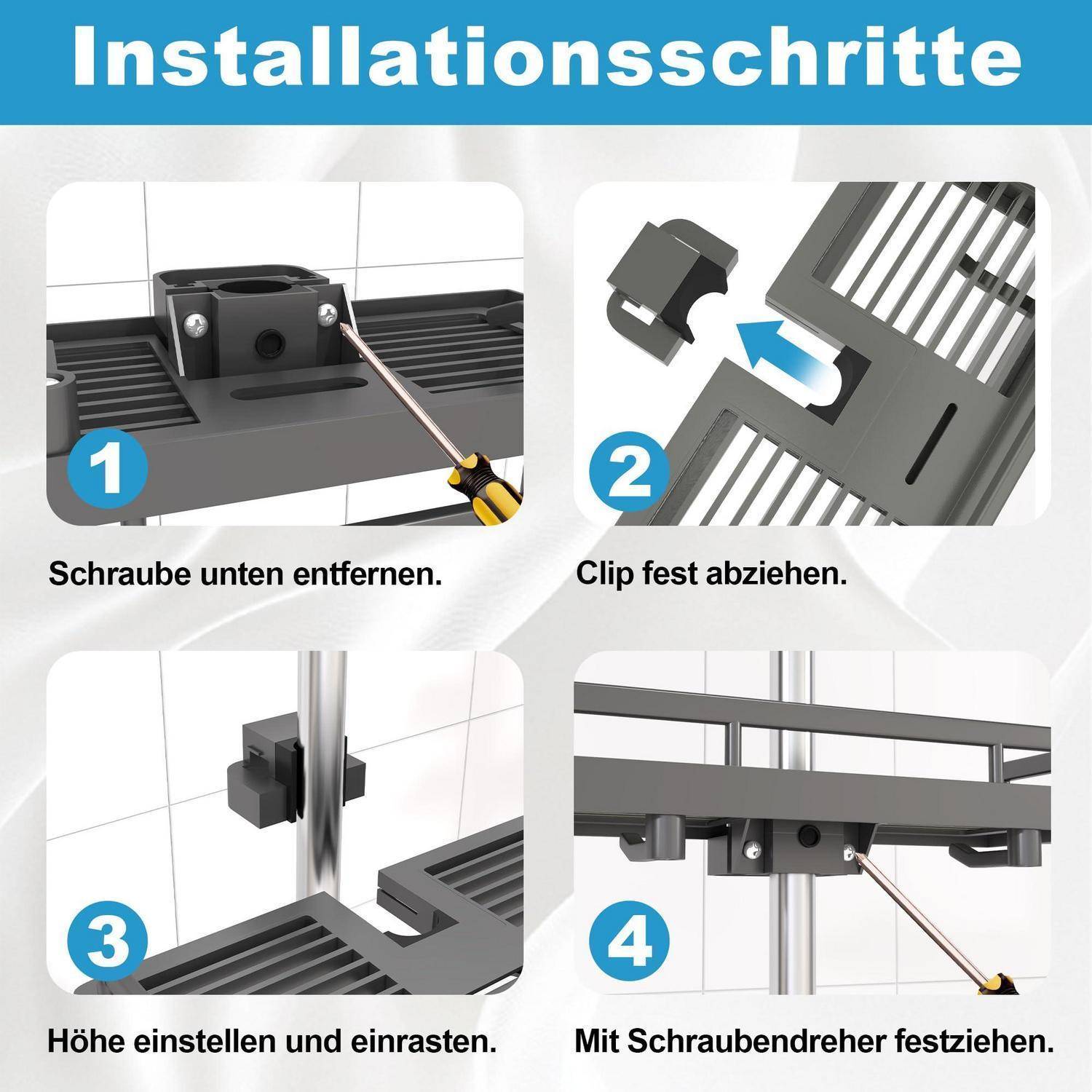 Duschablage für Duschstange ohne Bohren Grau 18-25mm