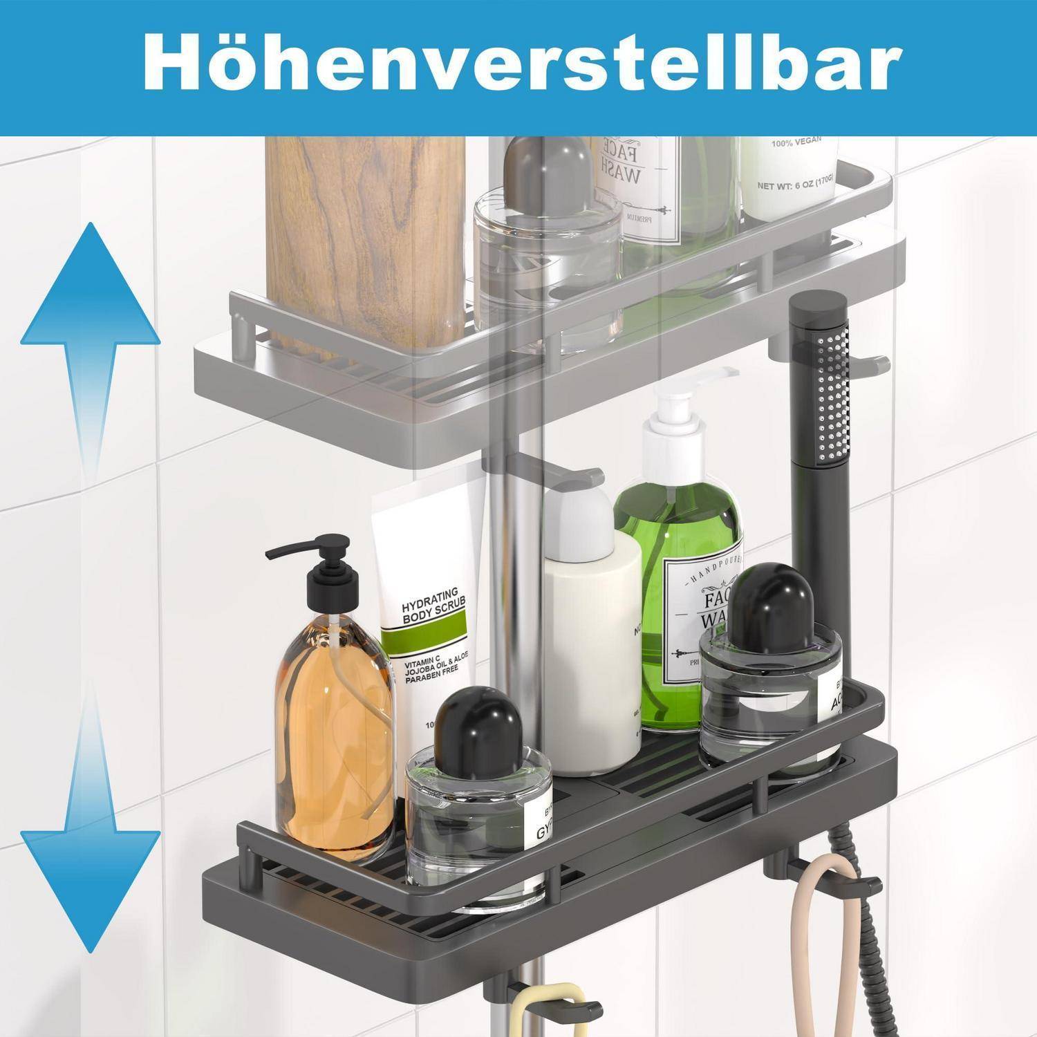 Verstellbares Duschregal mit zwei Ebenen und Flaschen, das sich auf und ab bewegt; oben mit "Höhenverstellbar"" beschriftet.