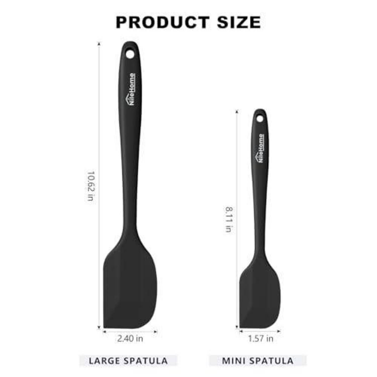 Produktgrößenvergleich, der einen großen Spatel und einen Mini-Spatel zeigt, mit den Bezeichnungen 10,62 Zoll x 2,40 Zoll und 8,11 Zoll x 1,57 Zoll.