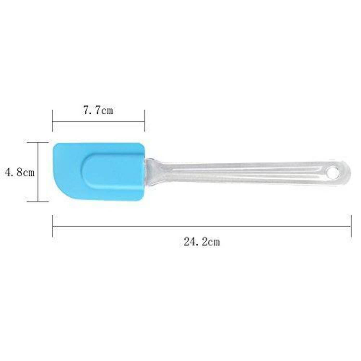 Blauer Silikonspachtel mit durchsichtigem Griff, gezeigt mit Abmessungen: Kopf 7,7 cm breit und 4,8 cm hoch, Gesamtlänge 24,2 cm.