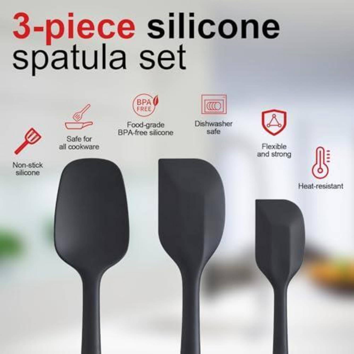 Werbebild für ein 3-teiliges Silikon-Spachtel-Set, das drei schwarze Spachtel zeigt mit Symbolen, die Antihaft-Eigenschaften, BPA-frei, spülmaschinenfest, flexibel, hitzebeständig und sicher für alle Kochgeschirr-Typen kennzeichnen.