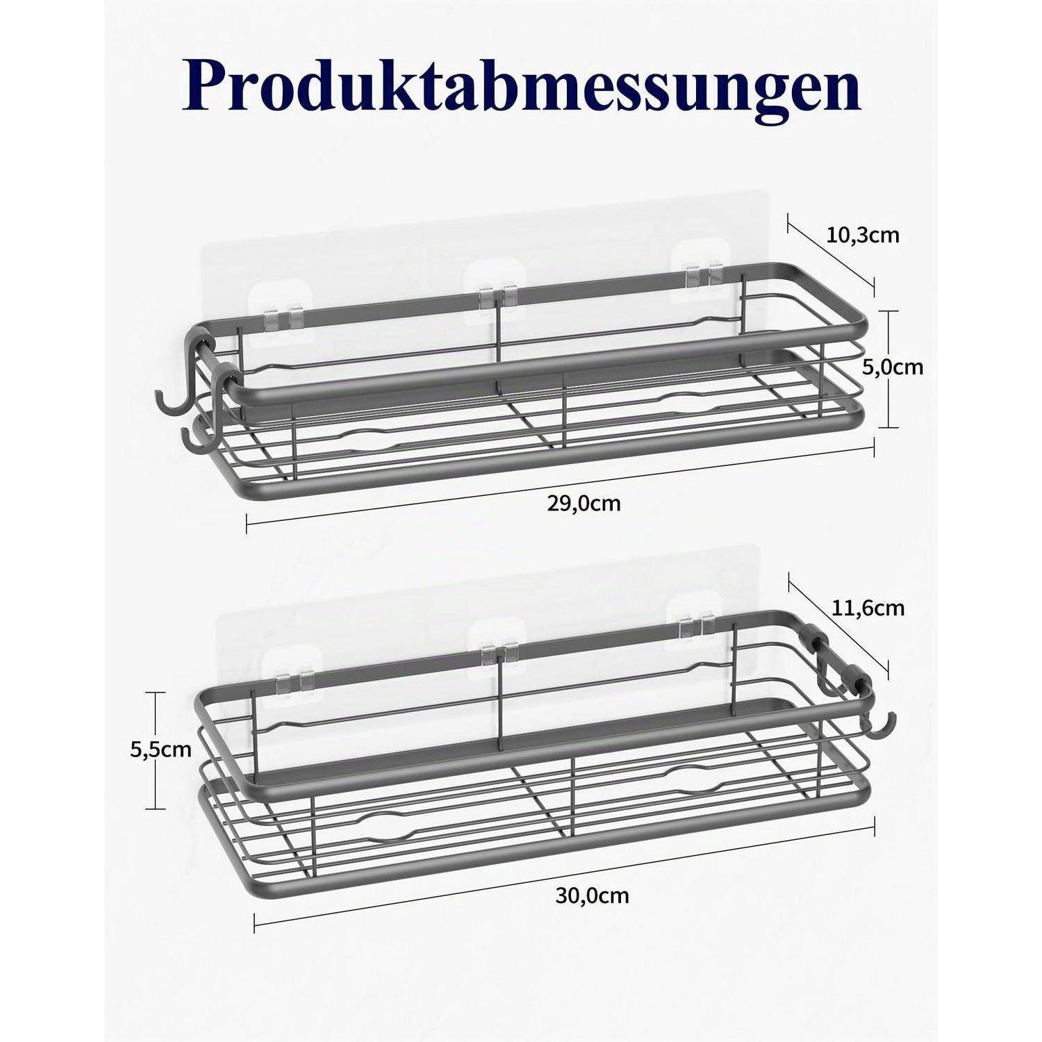 Produktabmessungsdiagramm, das ein Drahtkorbregal in zwei Ansichten zeigt, mit einer Beschriftung "Produktabmessungen"" und Messwerten von 29,0/30,0 cm Länge, 10,3/11,6 cm Breite und 5,0/5,5 cm Höhe.