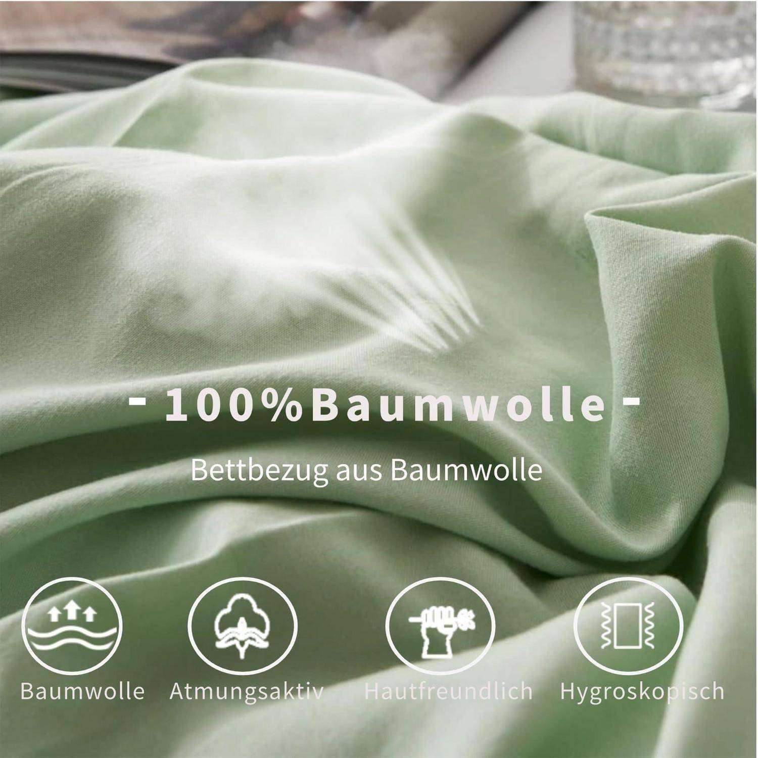 Hellgrüne Baumwollbettwäsche mit überlagerten deutschen Texten: '100% Baumwolle' und 'Bettbezug aus Baumwolle', plus Symbole für atmungsaktiv, hautfreundlich und hygroskopisch.