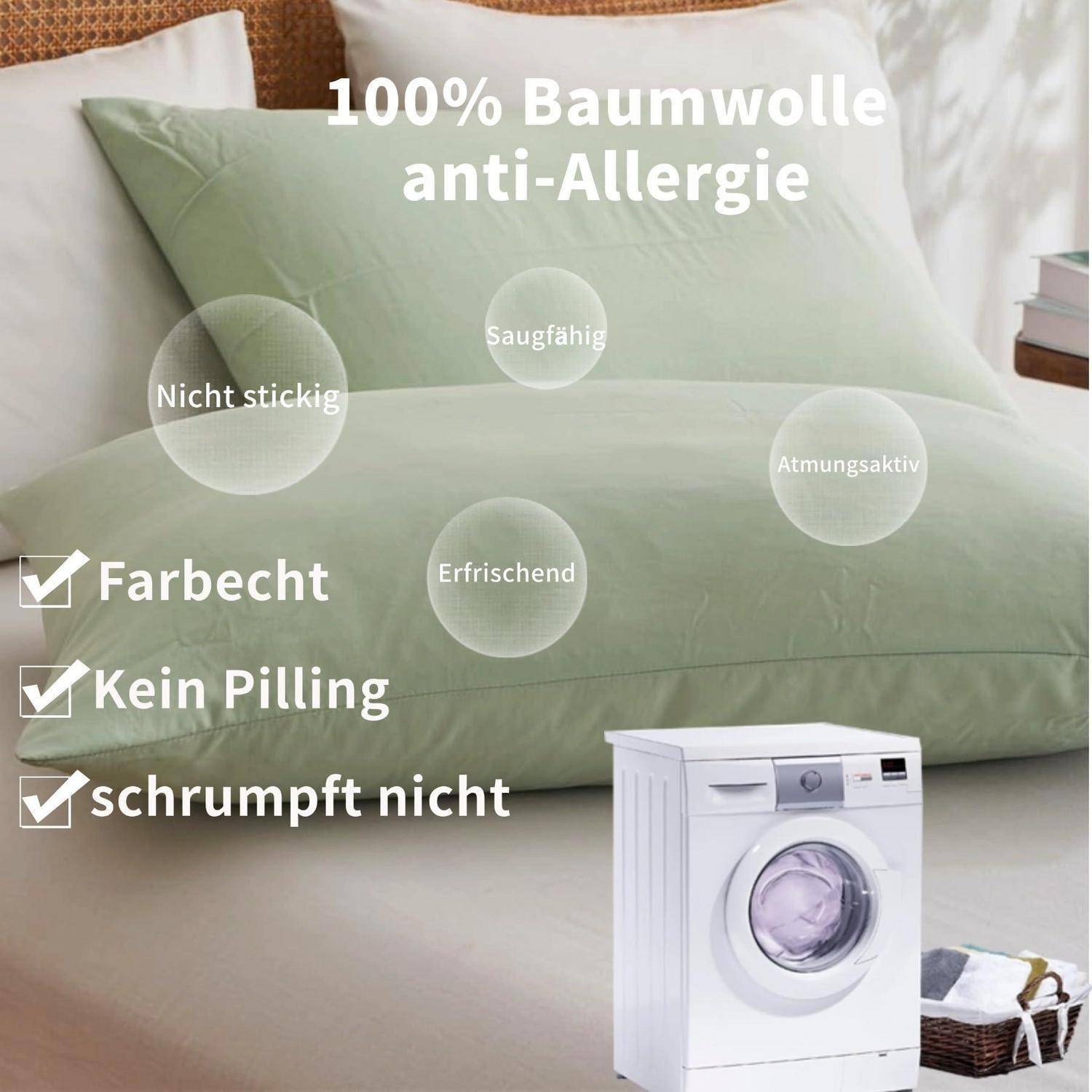 Werbeanzeige für grüne Bettwäsche mit der Bezeichnung „100% Baumwolle anti-Allergie" mit den Angaben „Nicht stickig"", „Saugfähig"", „Atmungsaktiv"", „Erfrischend"", „Farbecht"", „Kein Pilling"", „schrumpft nicht"" und einem Waschmaschinensymbol.