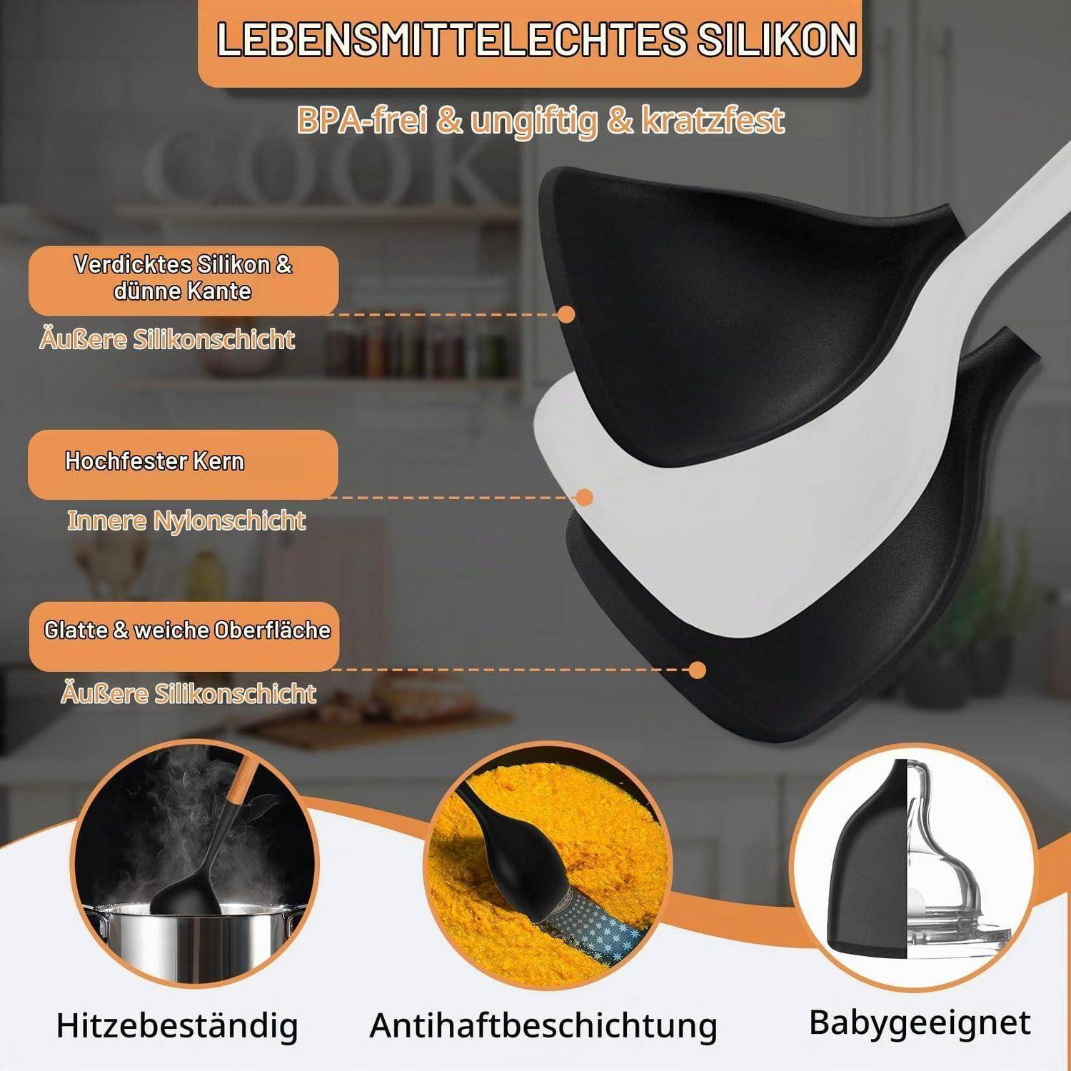 Grafik für lebensmittelgeeignetes Silikon-Küchengerät, gekennzeichnet als lebensmittelecht, BPA-frei, ungiftig und kratzfest, mit Darstellung der geschichteten Konstruktion und Merkmalen: hitzebeständig, antihaftbeschichtet und babysicher.