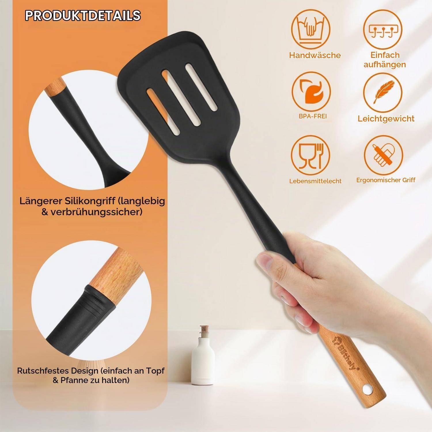 Produktdetails für einen schwarzen geschlitzten Spatel mit Holzgriff: längerer Silikongriff, rutschfestes Design, Handwäsche, leicht zu handhaben, BPA-frei, leicht, lebensmittelecht, ergonomischer Griff.