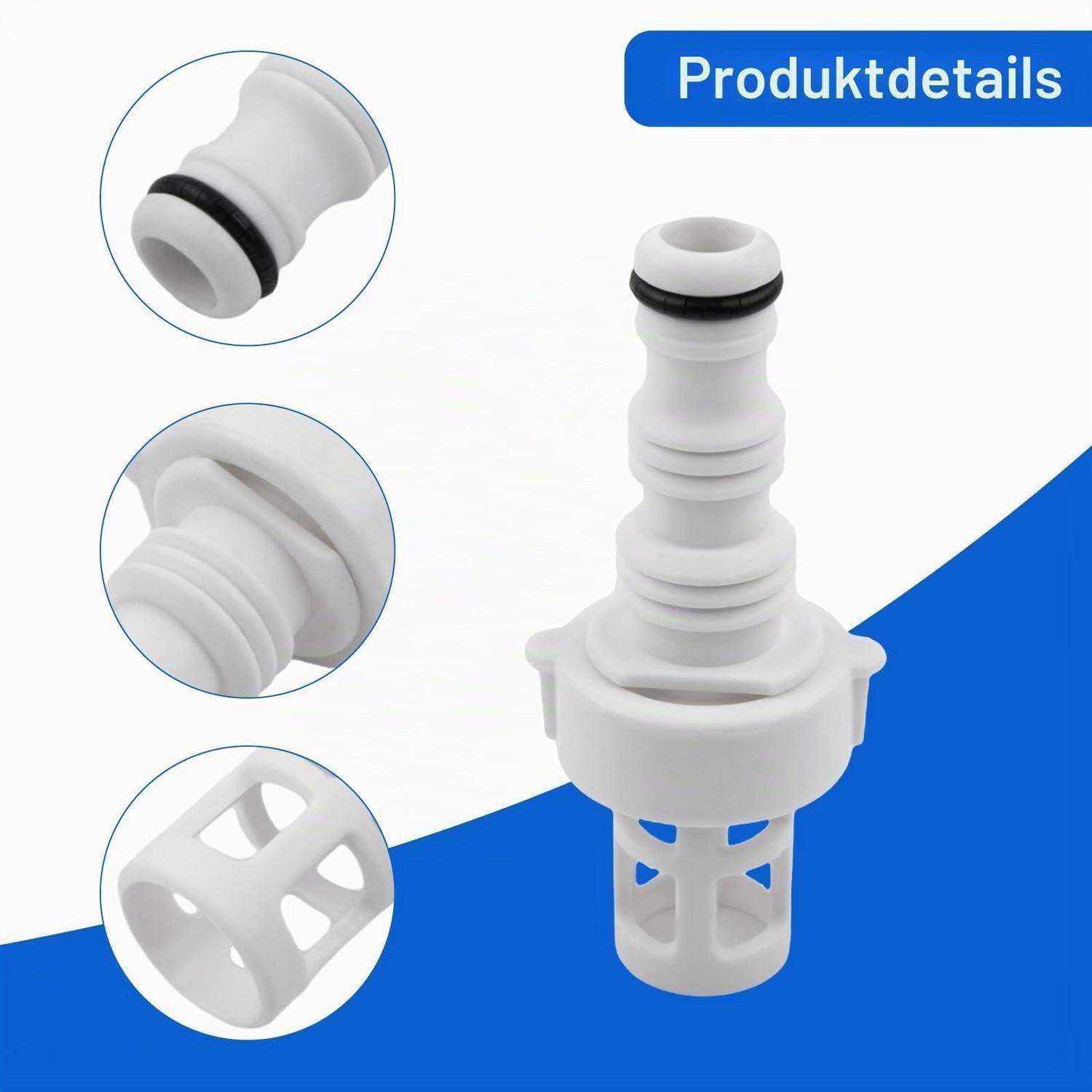 Produktdetails-Grafik zeigt eine weiße Kunststoffdüse oder ein Ventilverbindungsstück mit schwarzem O-Ring sowie drei kreisförmige Nahaufnahmen des Steckverbinders und der belüfteten Basis.
