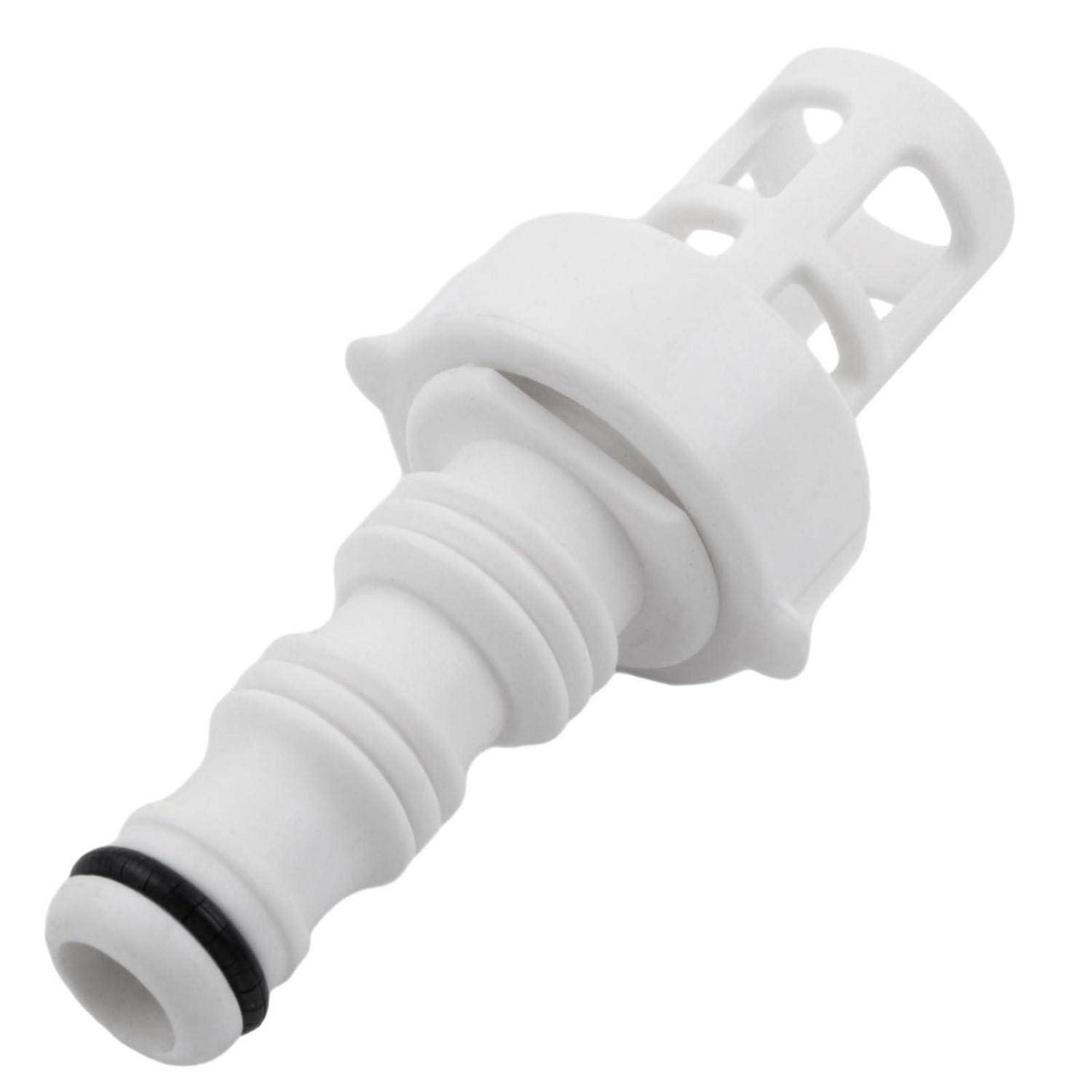 Weißer Kunststoffauslaufadapter mit schwarzem O-Ring, gezeigt vor neutralem Hintergrund.