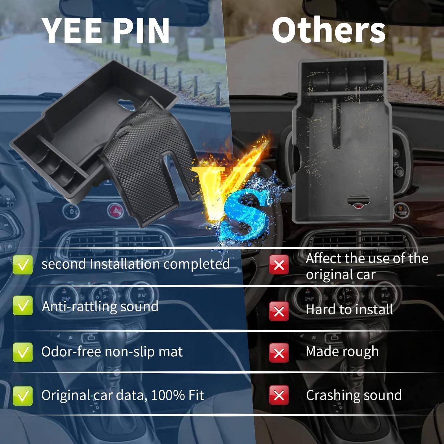 Nebeneinander-Vergleich eines YEE PIN Auto-Telefonhalters mit einer anderen Marke, wobei YEE PIN als leichter zu installieren, leiser, geruchsfrei, rutschfest und passgenau dargestellt wird.