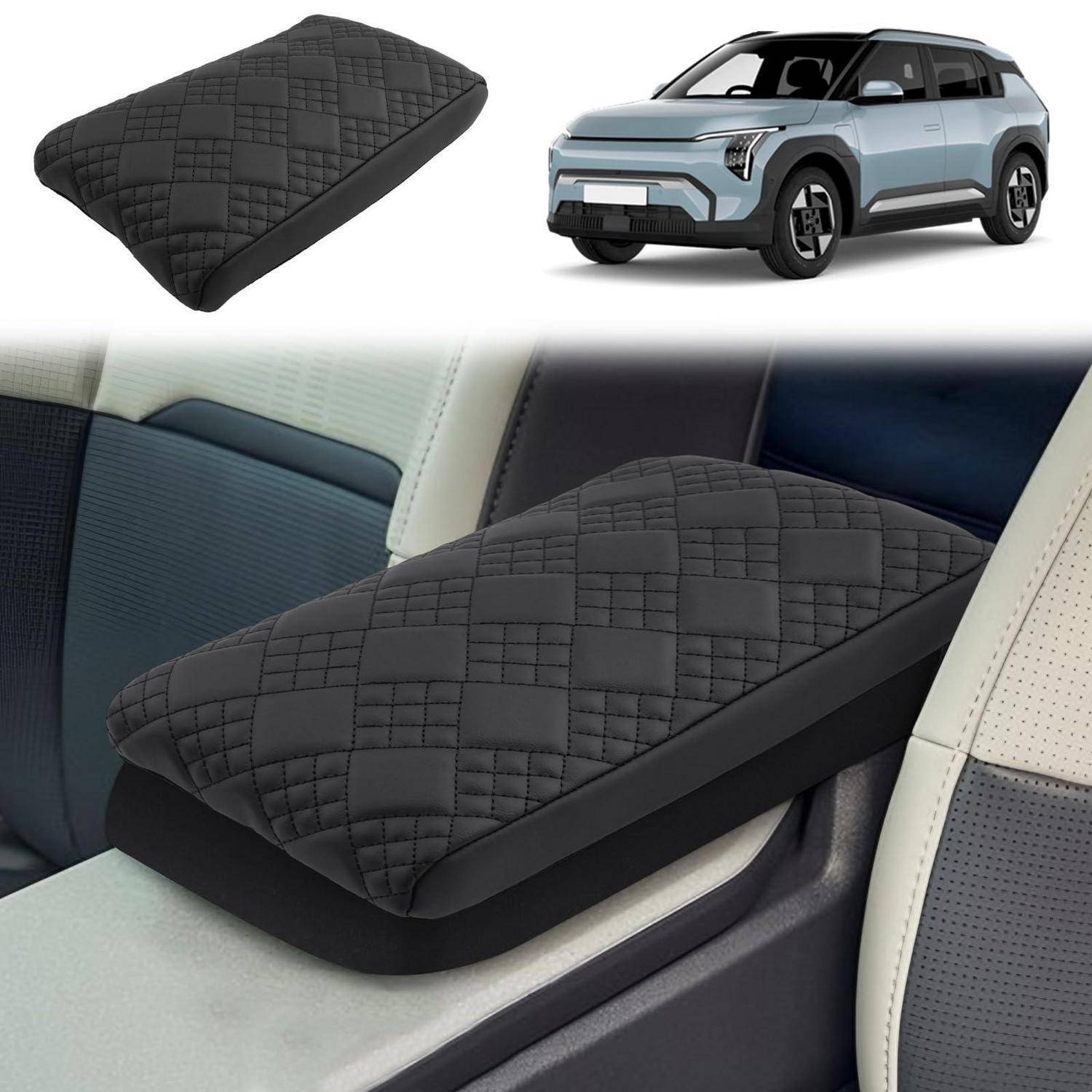 Mittelkonsolen-Armlehnen-Kissen/Polster für Autos, dargestellt mit einem SUV, installiert auf der Mittelkonsole zwischen den Vordersitzen für zusätzlichen Komfort.