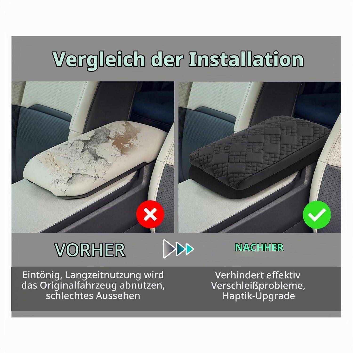 Seite-an-Seite-Vergleich einer Armlehnenabdeckung vor und nach der Installation: links verschlissen und gerissen mit einem roten X, rechts schwarze gesteppte Abdeckung mit einem grünen Häkchen. Der Text besagt „Vergleich der Installation", „VORHER"", „NACHHER"".
