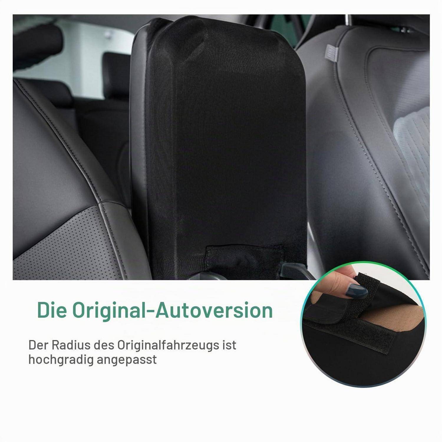 Schwarzes Autositzeinlage-/Polster, das zwischen den Vordersitzen angebracht wird, mit deutschem Text, der die "ursprüngliche Autoversion"" und die fahrzeugspezifische Passform bewirbt.
