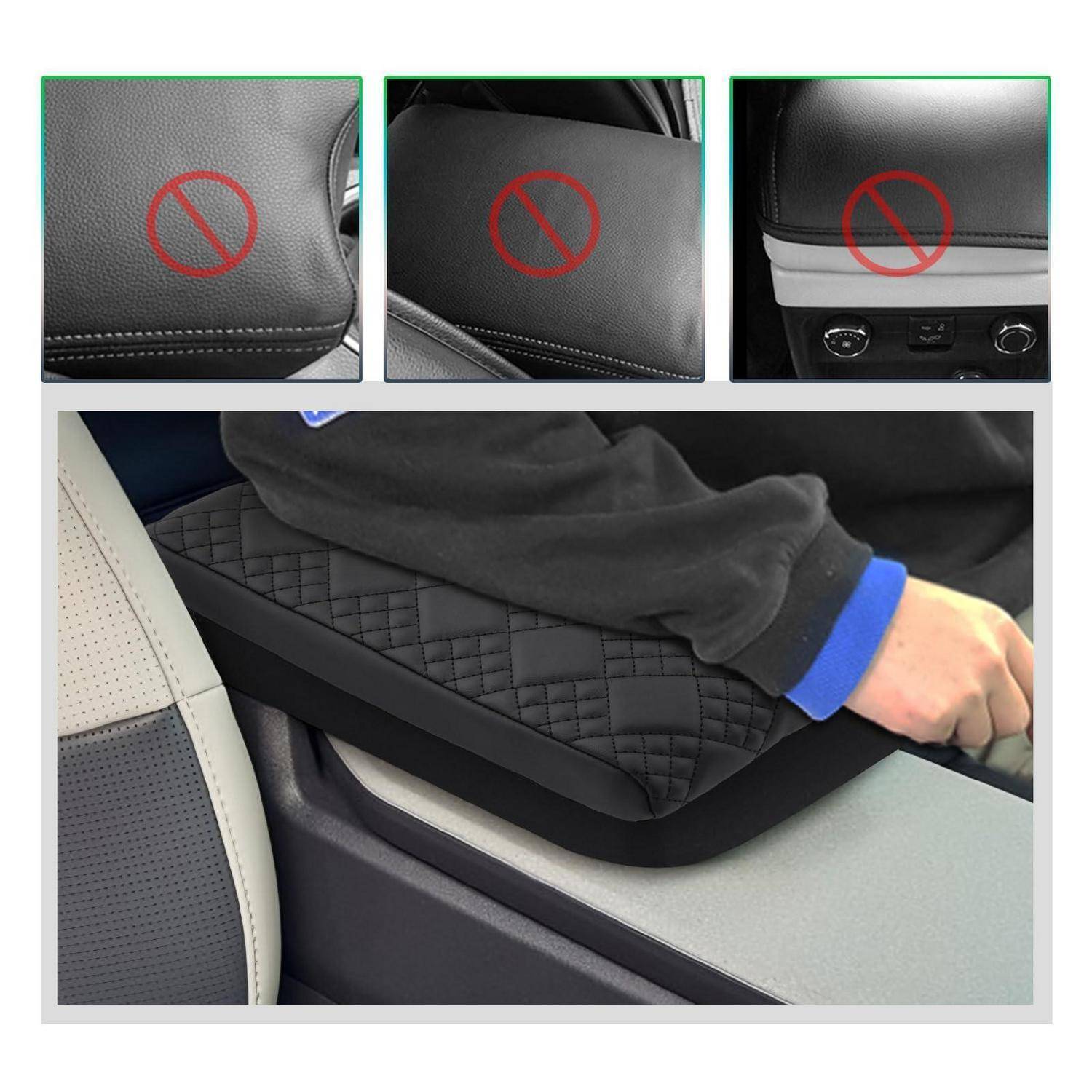 Collage zeigt schwarze Autositz-Armlehnen/Konsolen-Bereiche mit roten Verbotssymbolen markiert; Hauptfoto zeigt eine Person, die einen Arm auf einer gepolsterten Mittenkonsole zwischen den Sitzen ablegt.