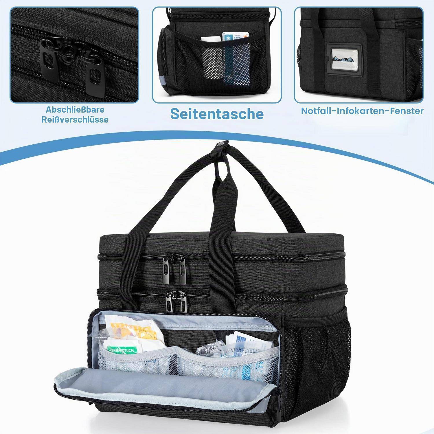 Schwarze isolierte Kühlertasche mit Schultergurten und Seitentaschen, offen dargestellt mit organisierten Lebensmittelfächern und einem transparenten Fenster für Notfallinformationskarten; deutsche Etiketten heben die Funktionen hervor.