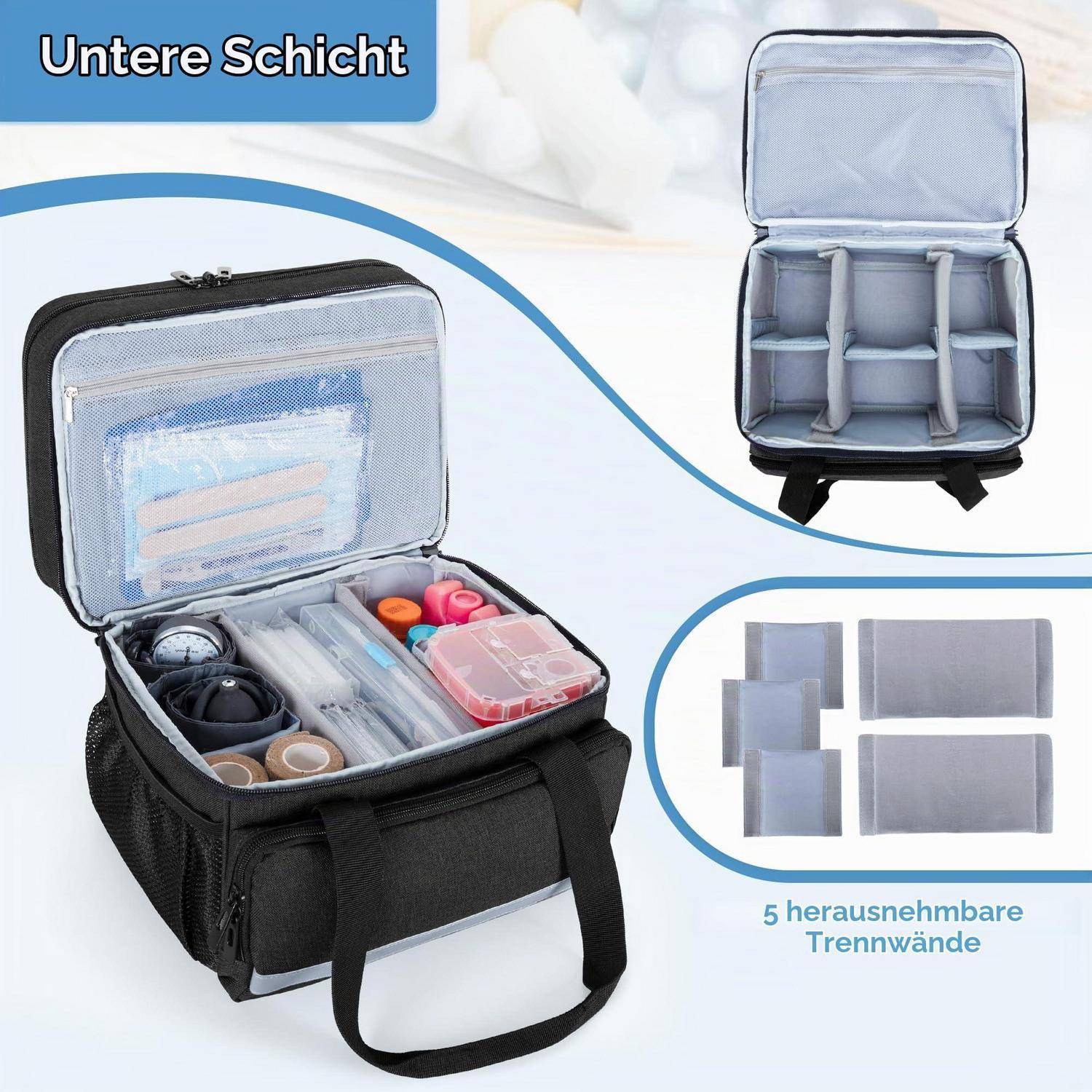 Isolierte Lunchbox mit der Bezeichnung „Untere Schicht" mit abnehmbaren Trennwänden; geöffnet dargestellt mit organisierten Behältern und fünf Trennpaneelen.