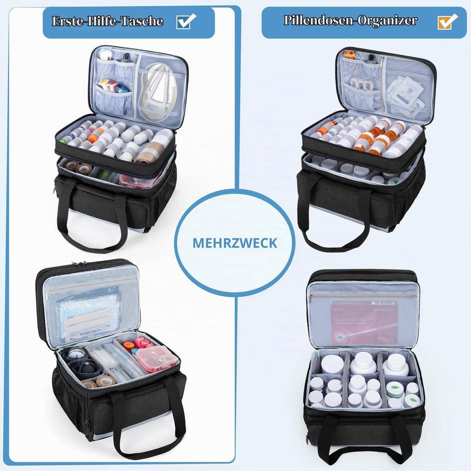 Werbebild einer schwarzen Mehrzweck-Organizer-Tasche mit der Beschriftung „Erste Hilfe-Tasche" und „Pillendosen-Organizer"", die zeigt, dass sie Medikamente, Erste-Hilfe-Materialien und Pillendosen lagern kann.
