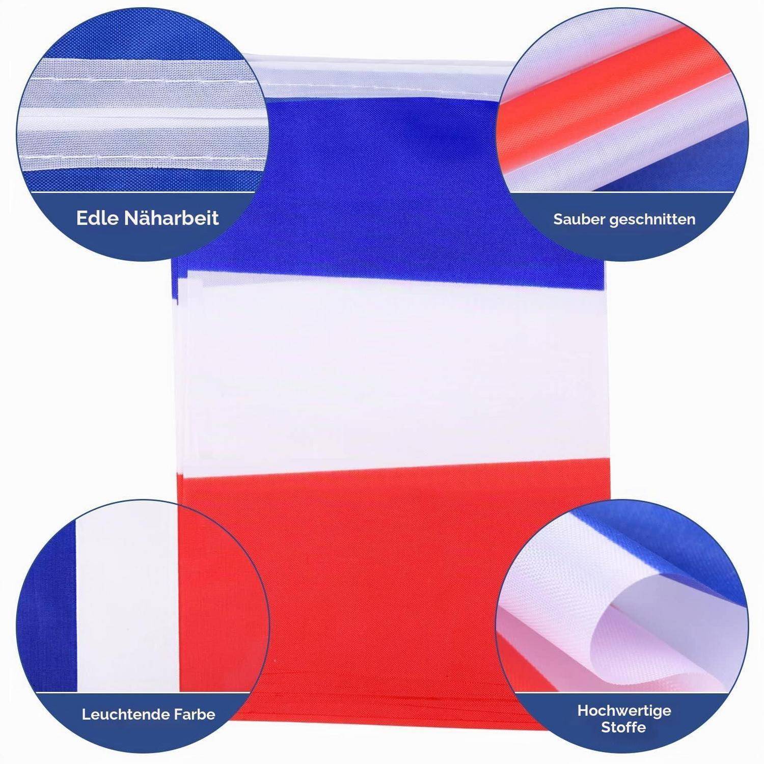 Französische Flagge als Hängebanner mit Nahaufnahmen, die saubere Nähte, präzise Schnitte, lebendige Farben und hochwertige Stoffe hervorheben.