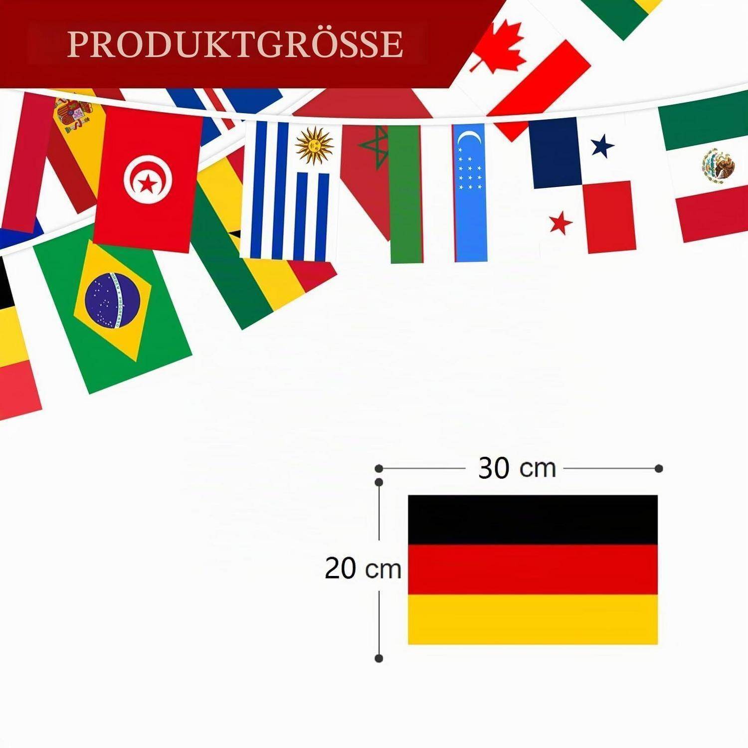 Produktgrößen-Diagramm, das eine deutsche Flagge zeigt, die 30 cm breit und 20 cm hoch ist, mit vielen anderen Landesflaggen oben unter der Überschrift 'PRODUKTGRÖSSE'.
