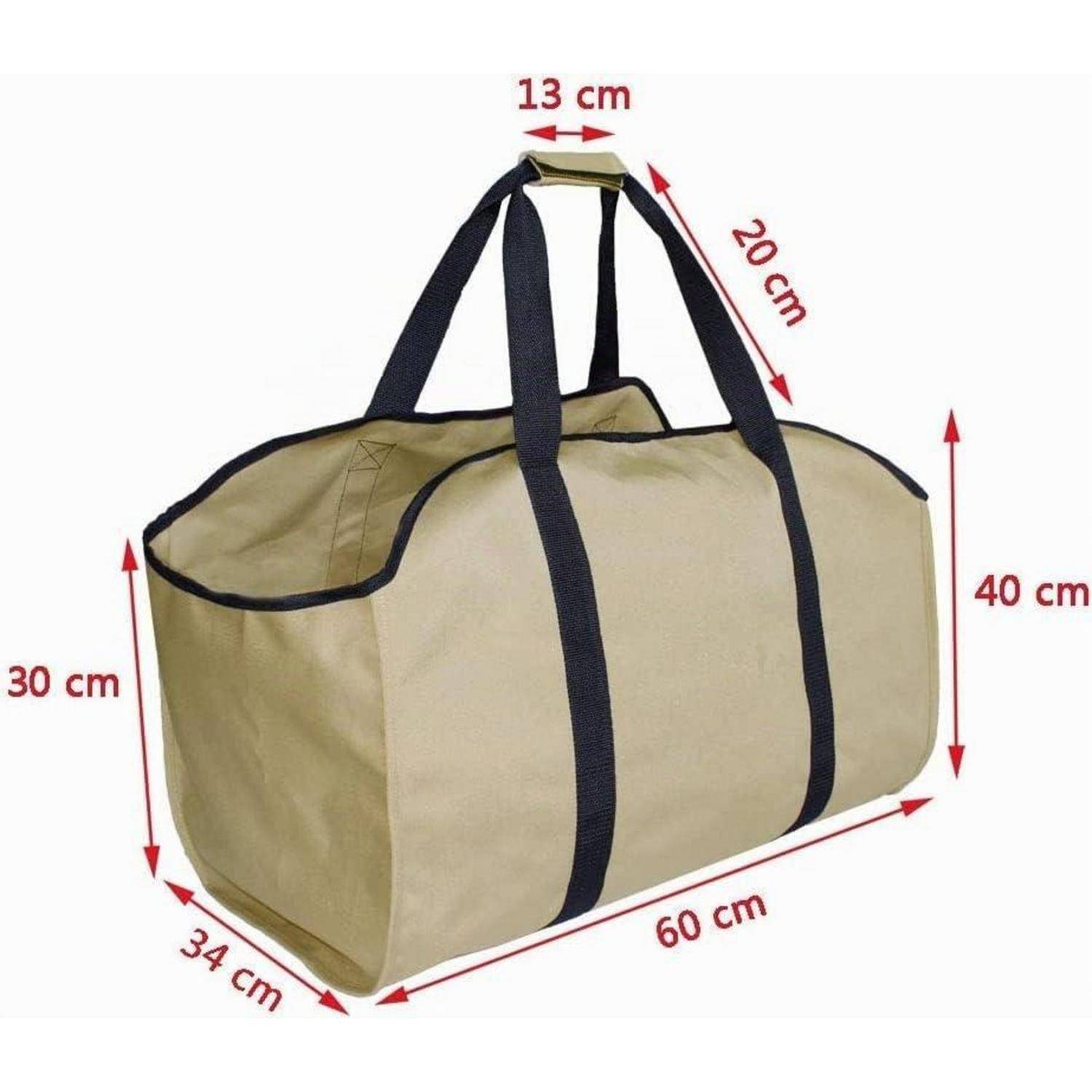 Beige Reisetasche mit schwarzen Griffen, mit beschrifteten Abmessungen von 60 cm Länge, 40 cm Höhe, 30 cm Tiefe, 34 cm Basis, 13 cm Oberkante und 20 cm Grifflänge.