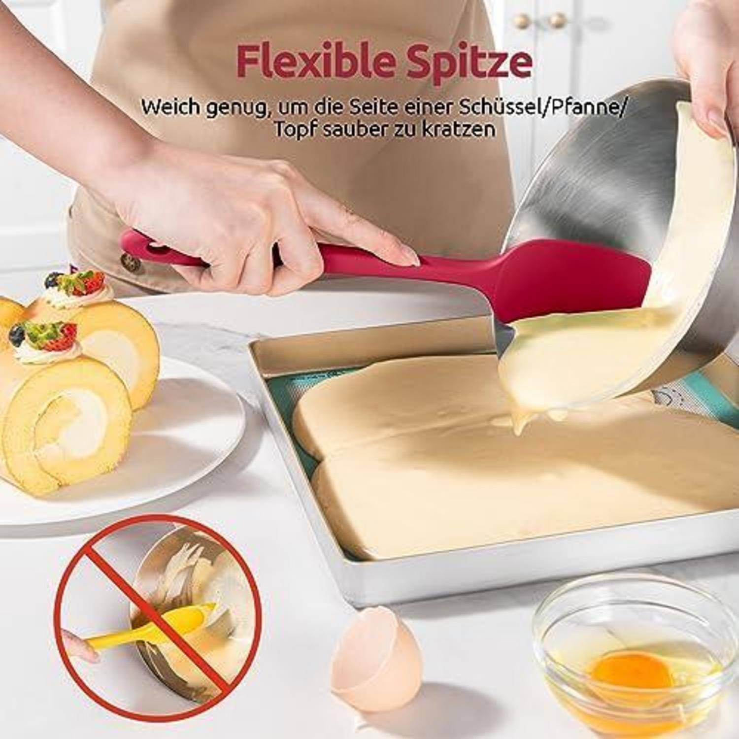Roter flexibler Spatel kratzt Teig sauber aus einer Rührschüssel in eine Backform, mit deutschem Text, der eine flexible Spitze zum leichten Kratzen bewirbt.