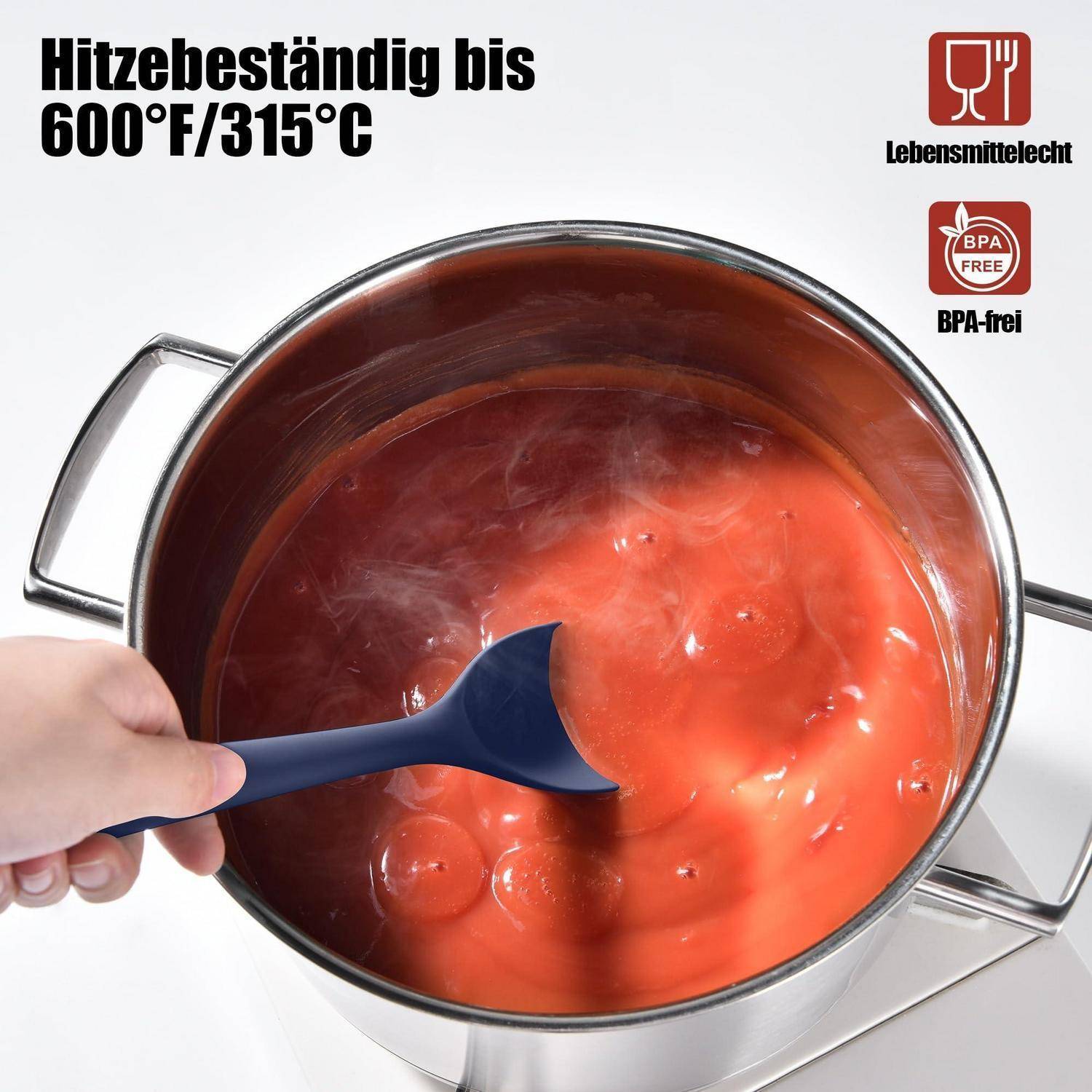 Topf mit roter Sauce wird mit einem blauen Löffel gerührt, gekennzeichnet als hitzebeständig bis 600°F/315°C, lebensmittelsicher und BPA-frei.