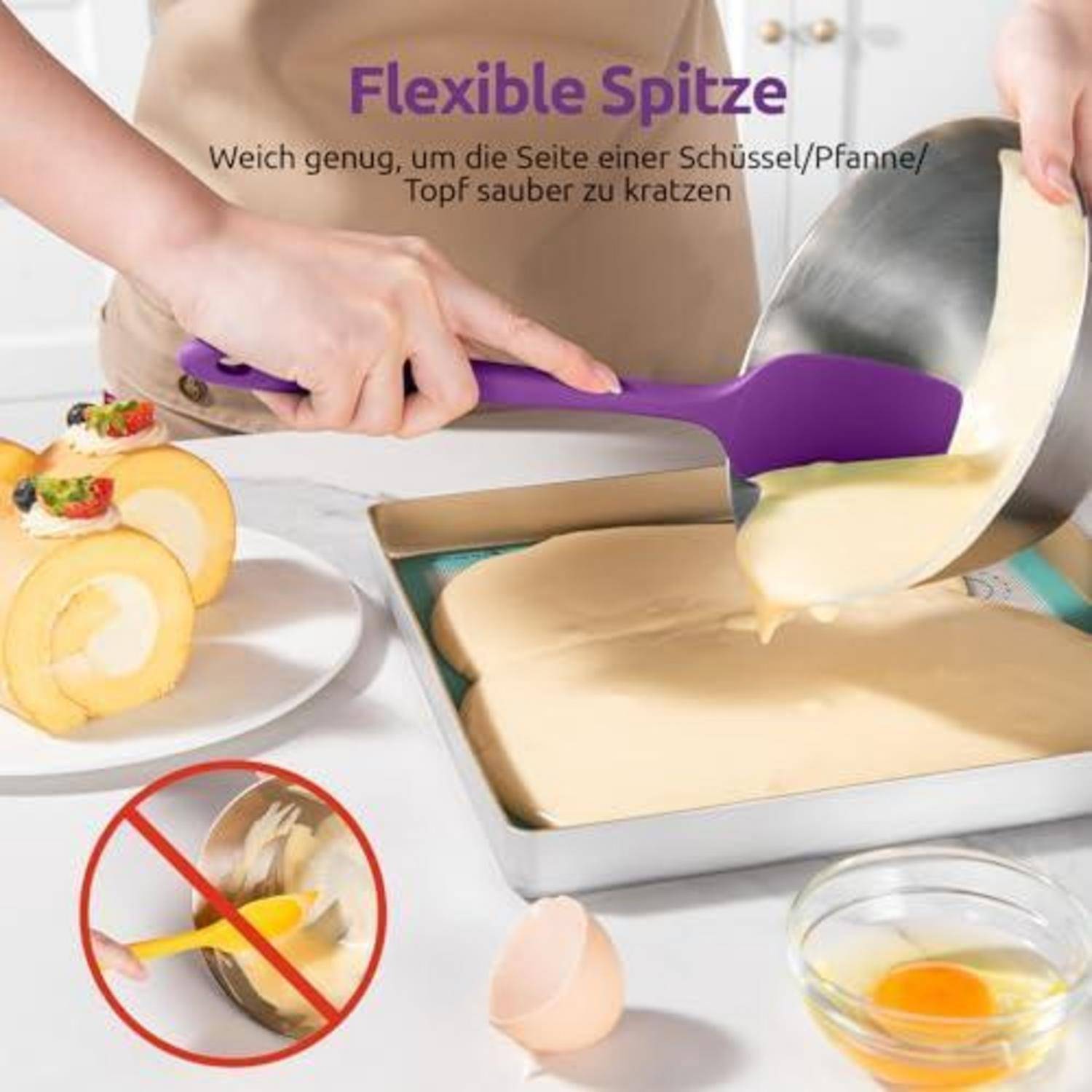 Violetter flexibler Spachtel kratzt Teig aus einer Rührschüssel in eine Backform, beschriftet mit „Flexible Spitze
