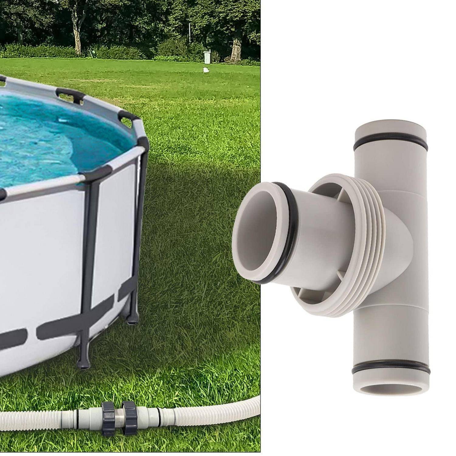 Geteiltes Bild, das einen tragbaren oberirdischen Pool auf Gras und eine Nahaufnahme eines T-förmigen Poolschlauch-Verbinders/Anschlussstücks zeigt.