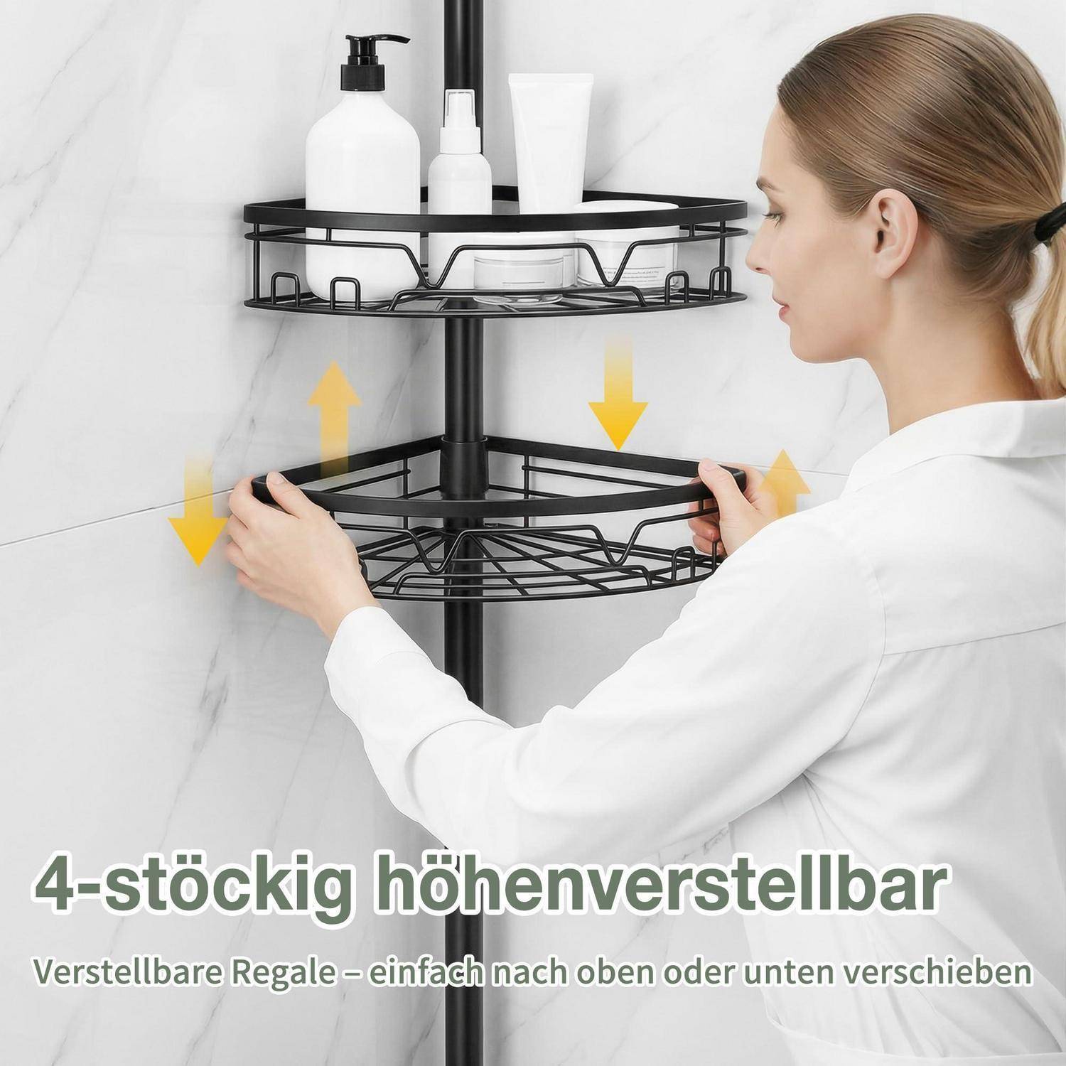 Frau stellt ein 4-teiliges Eckbadezimmerregal nach oben oder unten ein, mit deutschem Text, der höhenverstellbare Lagerfachböden bewirbt.