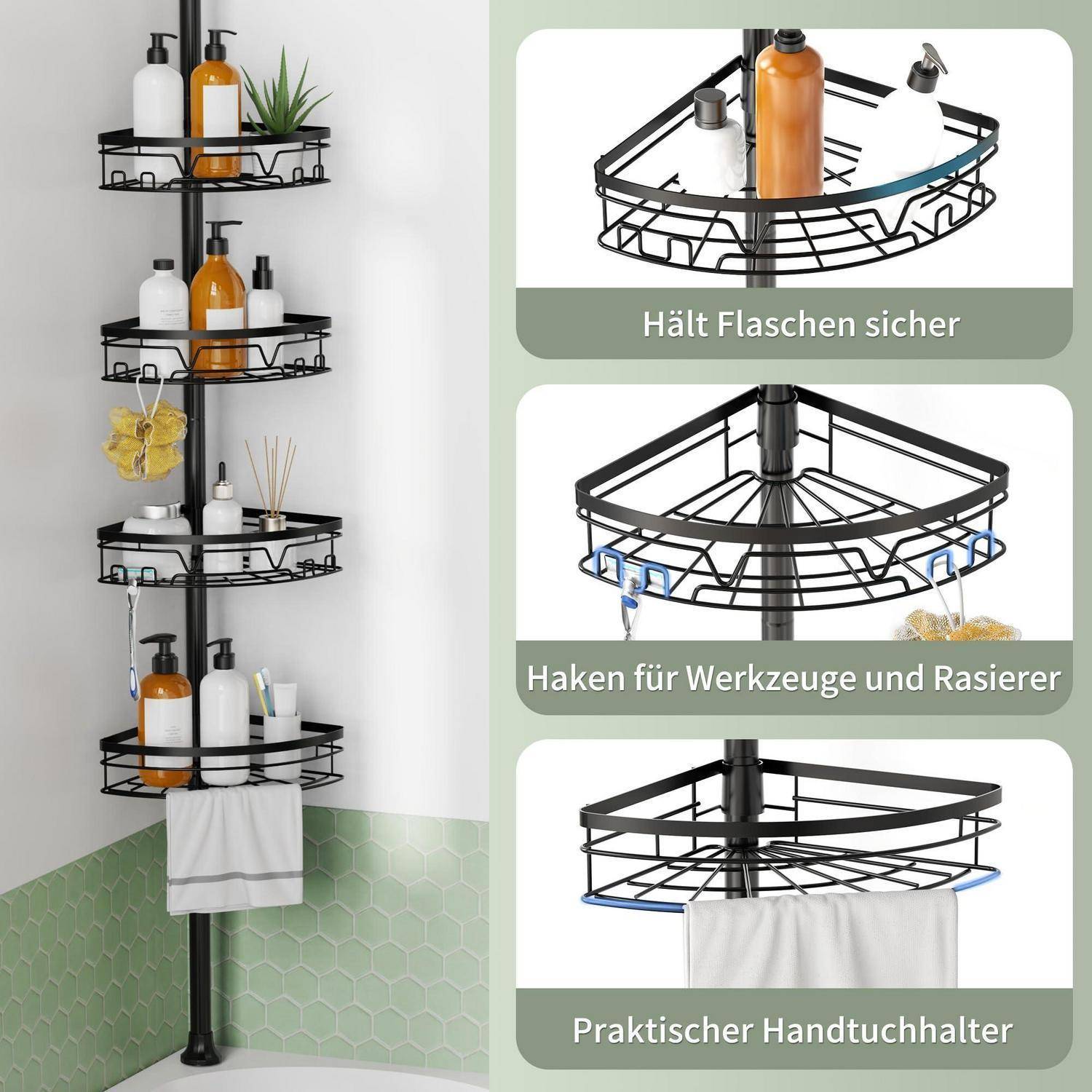 Eckdusch-Caddy auf einer Spannstange mit Regalen, Haken und Handtuchstange; eingefügte deutsche Etiketten heben sichere Flaschenaufbewahrung und Halter für Werkzeuge, Rasierer und Handtücher hervor.