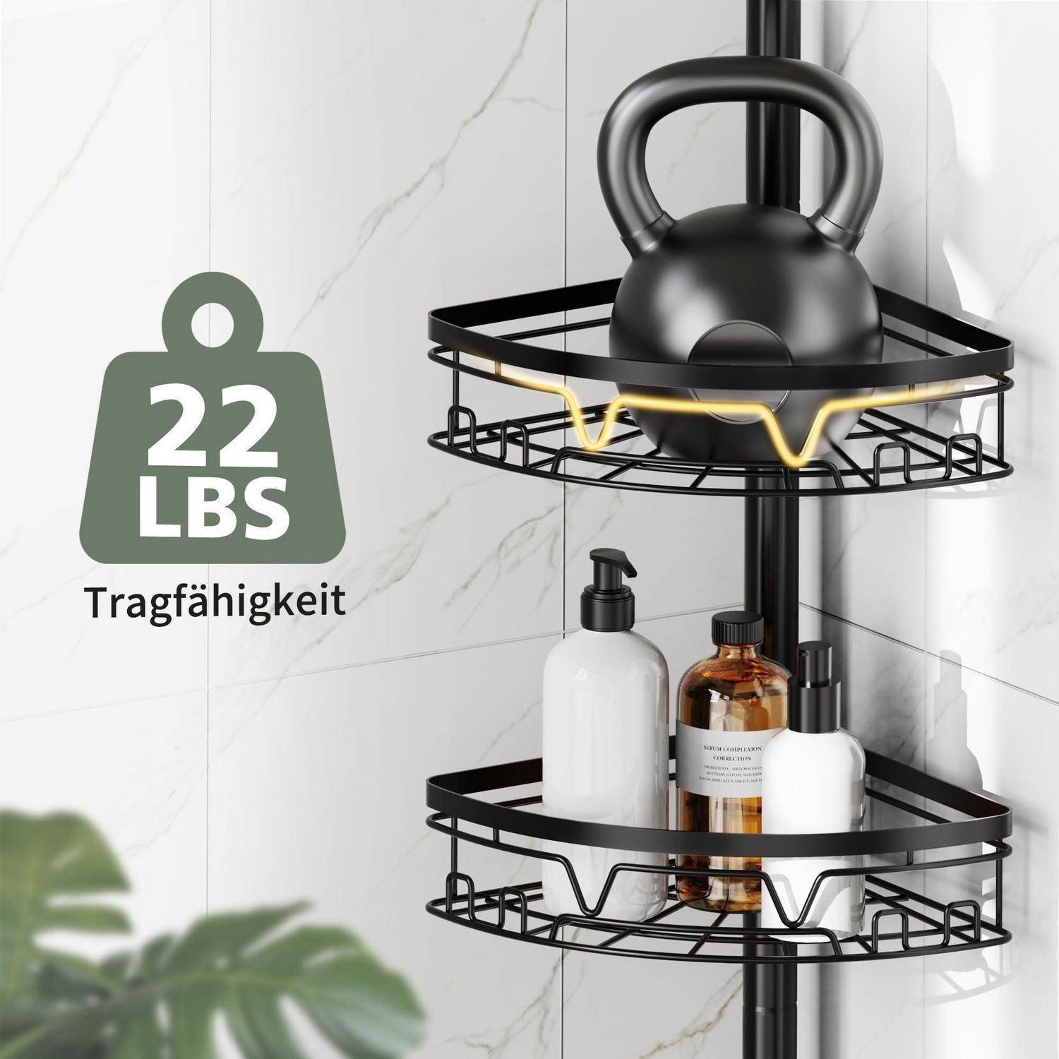 Eckige Duschablage mit zwei Regalen, die Flaschen und eine Kettlebell halten, mit der Beschriftung „22 LBS Tragfähigkeit", die eine Tragfähigkeit von 22 Pfund anzeigt.