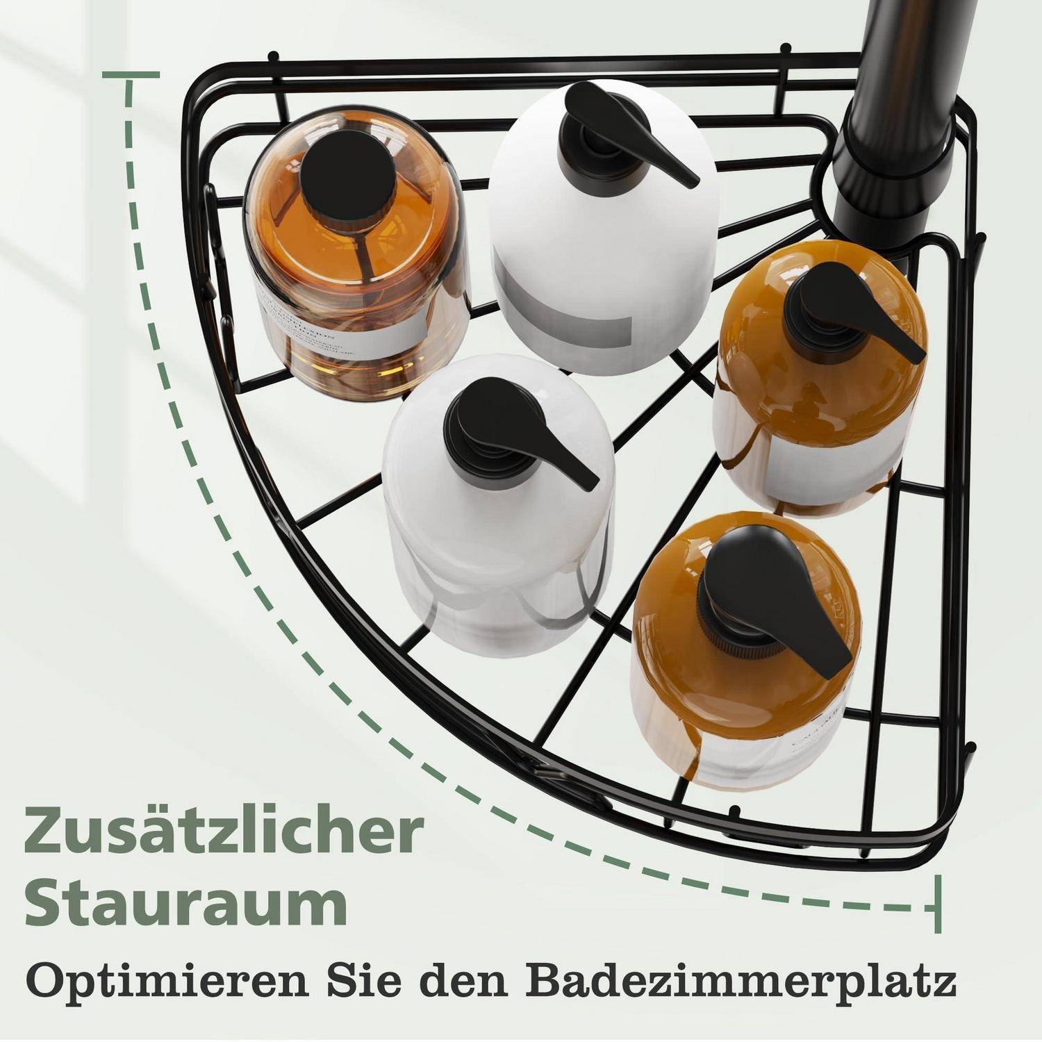 Badezimmereckenregal mit vier Toilettenartikeln, die „Zusätzlicher Stauraum" und „Optimieren Sie den Badezimmerplatz"" als zusätzlichen Stauraum für Badezimmerplatz bewerben.